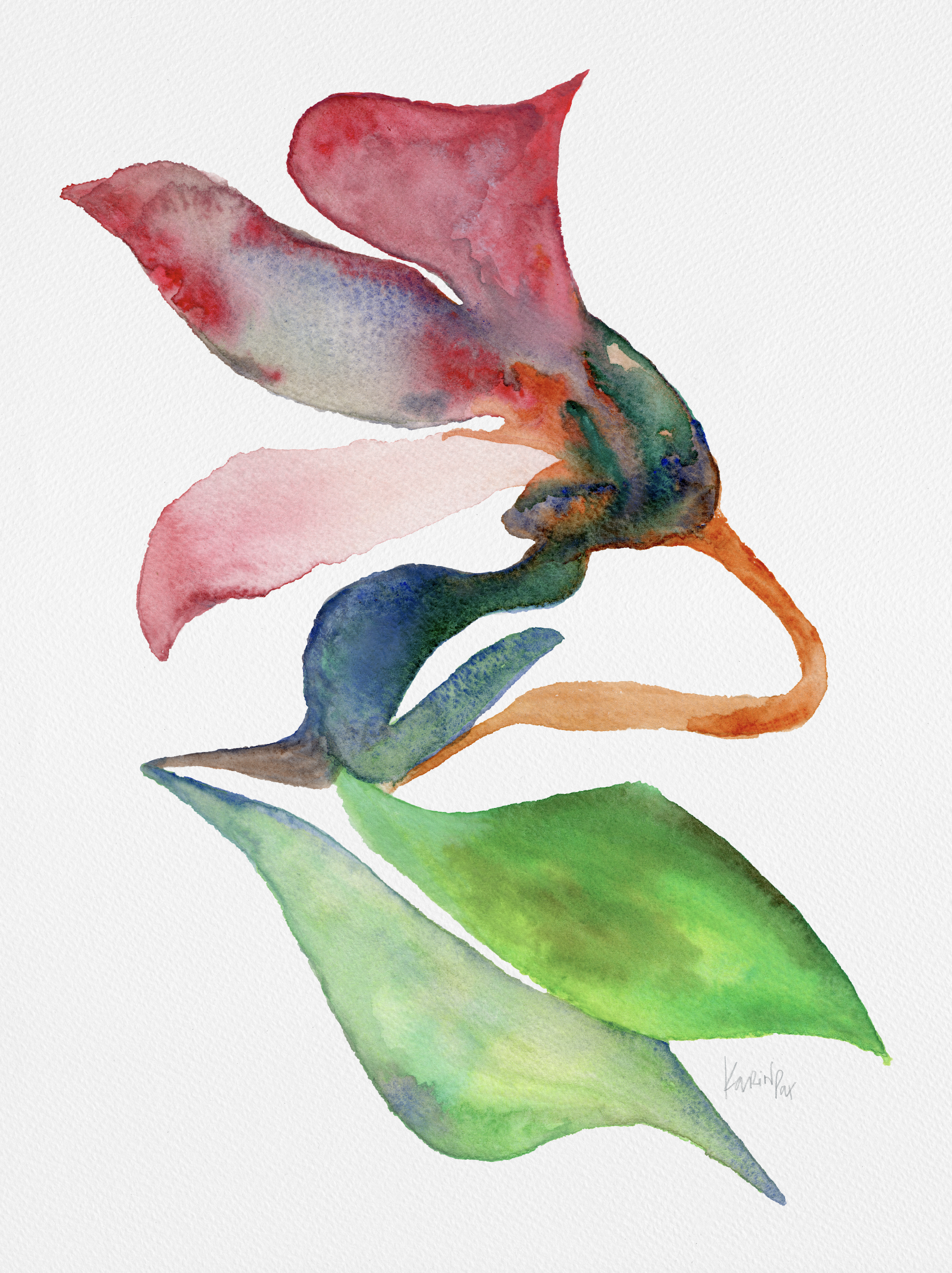 Watercolour painting of abstract botanical forms in red, pink, blue, teal, orange and green, by Karina Da Paixao Teixeira
