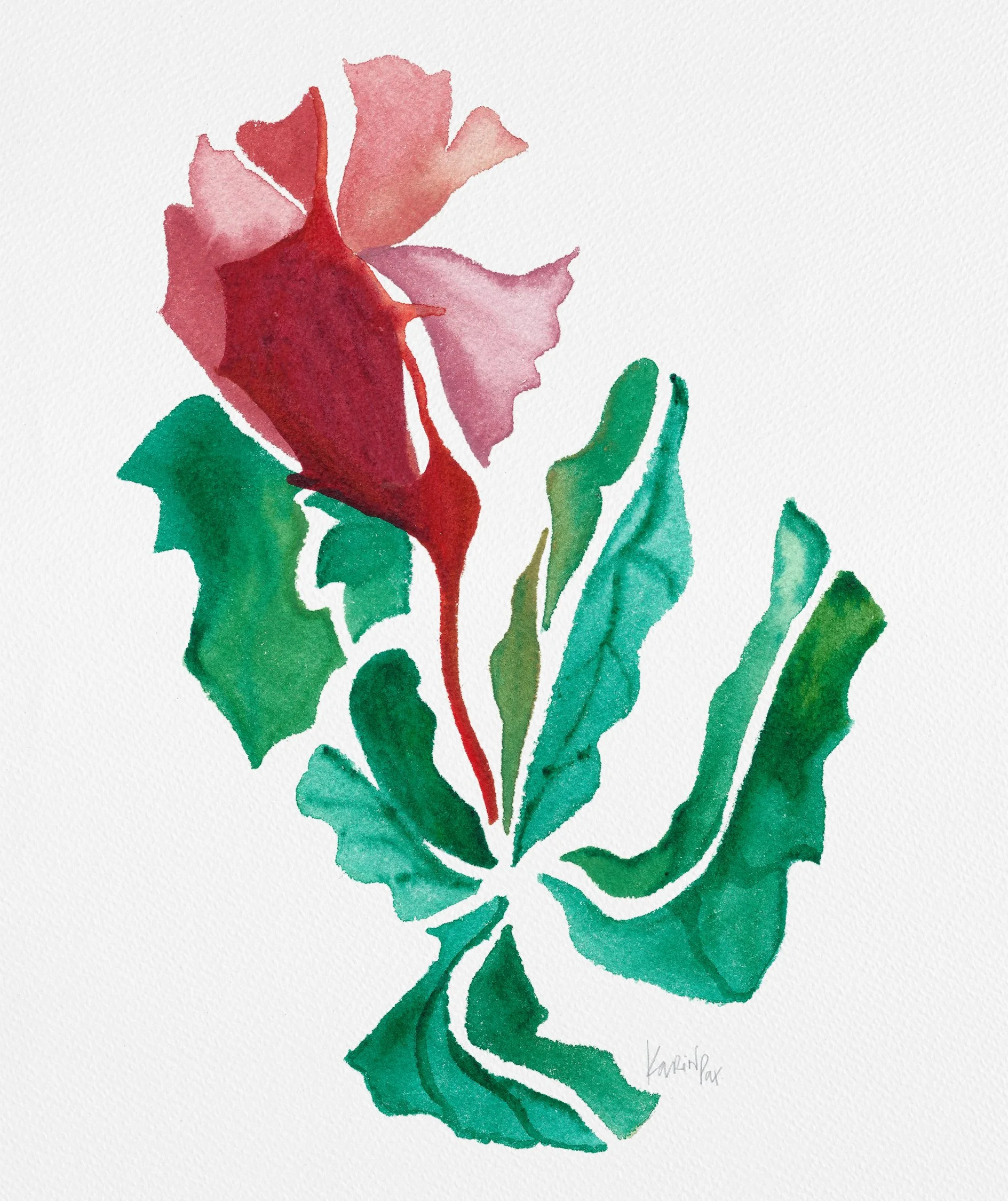 Rose In Solitude, watercolour by Karina Da Paixao Teixeira, abstract rose pink red and emerald green
