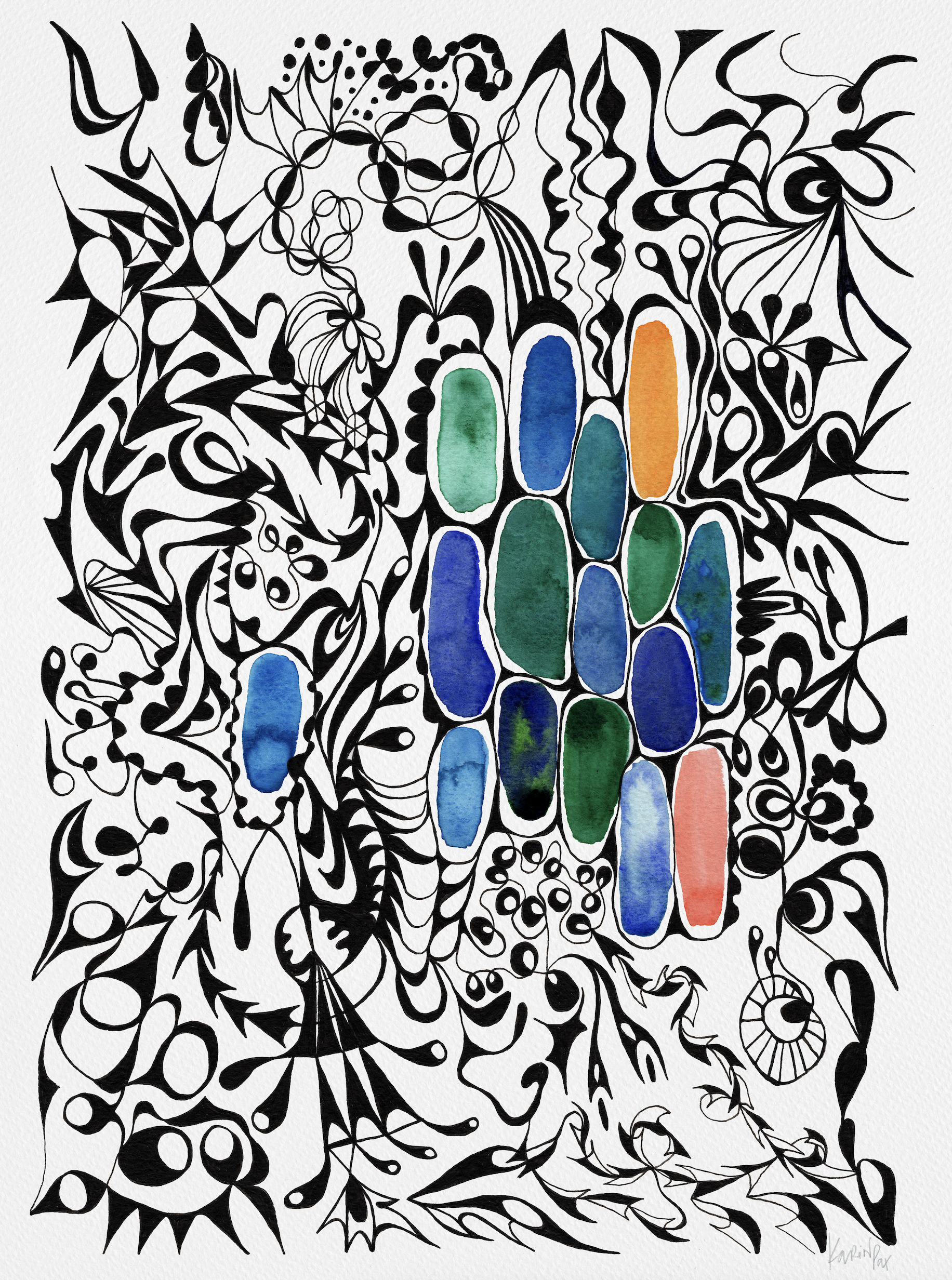 Black ink illustration of dense, tangled organic line work, with a central cluster of vertical watercolor shapes in blue, green, orange, and coral emerging from it.