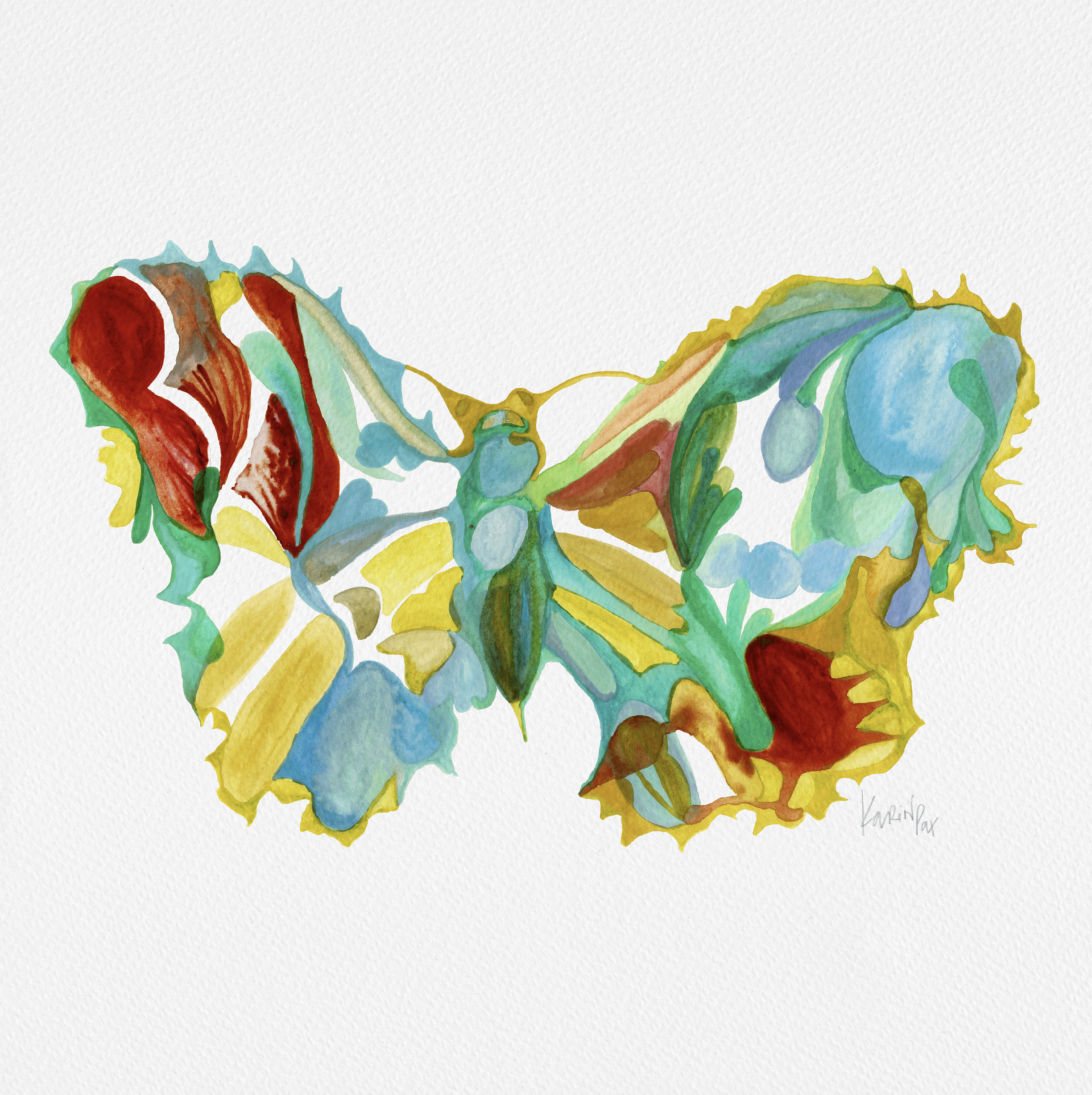 Morph, watercolour painting by Karina Da Paixao Teixeira, abstract butterfly in teal, red, yellow and blue