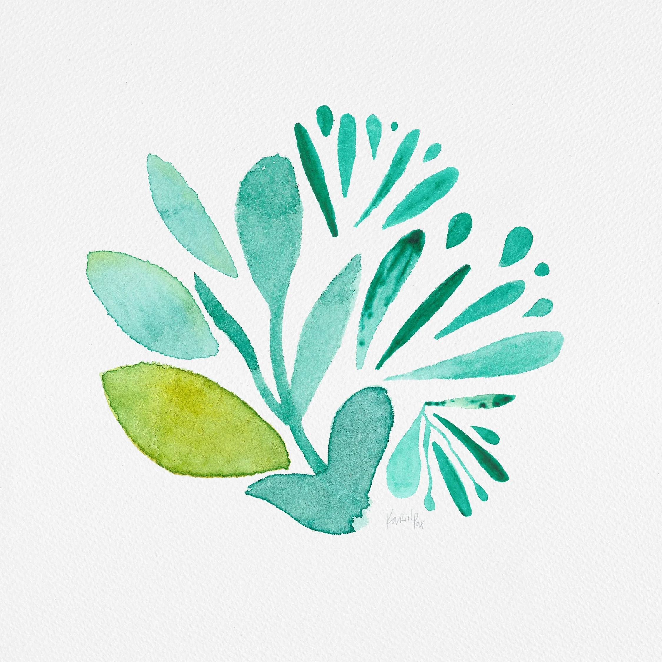 Botanic Garden, watercolour by Karina Da Paixao Teixeira, botanical abstract forms in bright green