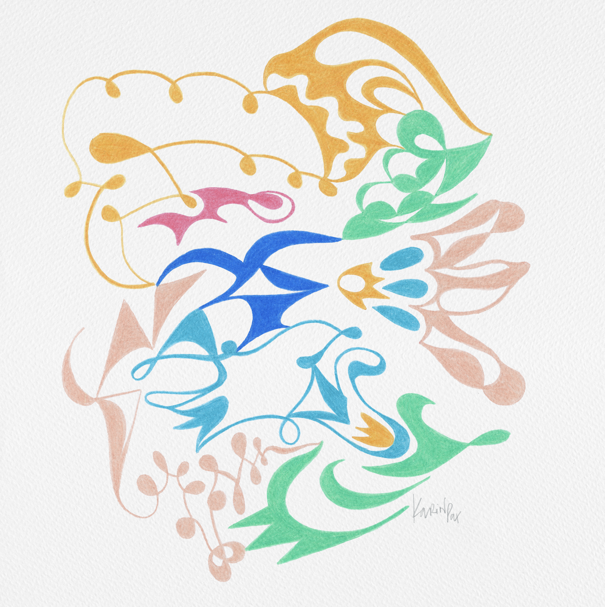 Finding Hope, drawing by Karina Da Paixao Teixeira, abstract flowing forms in orange, blue, green and pink
