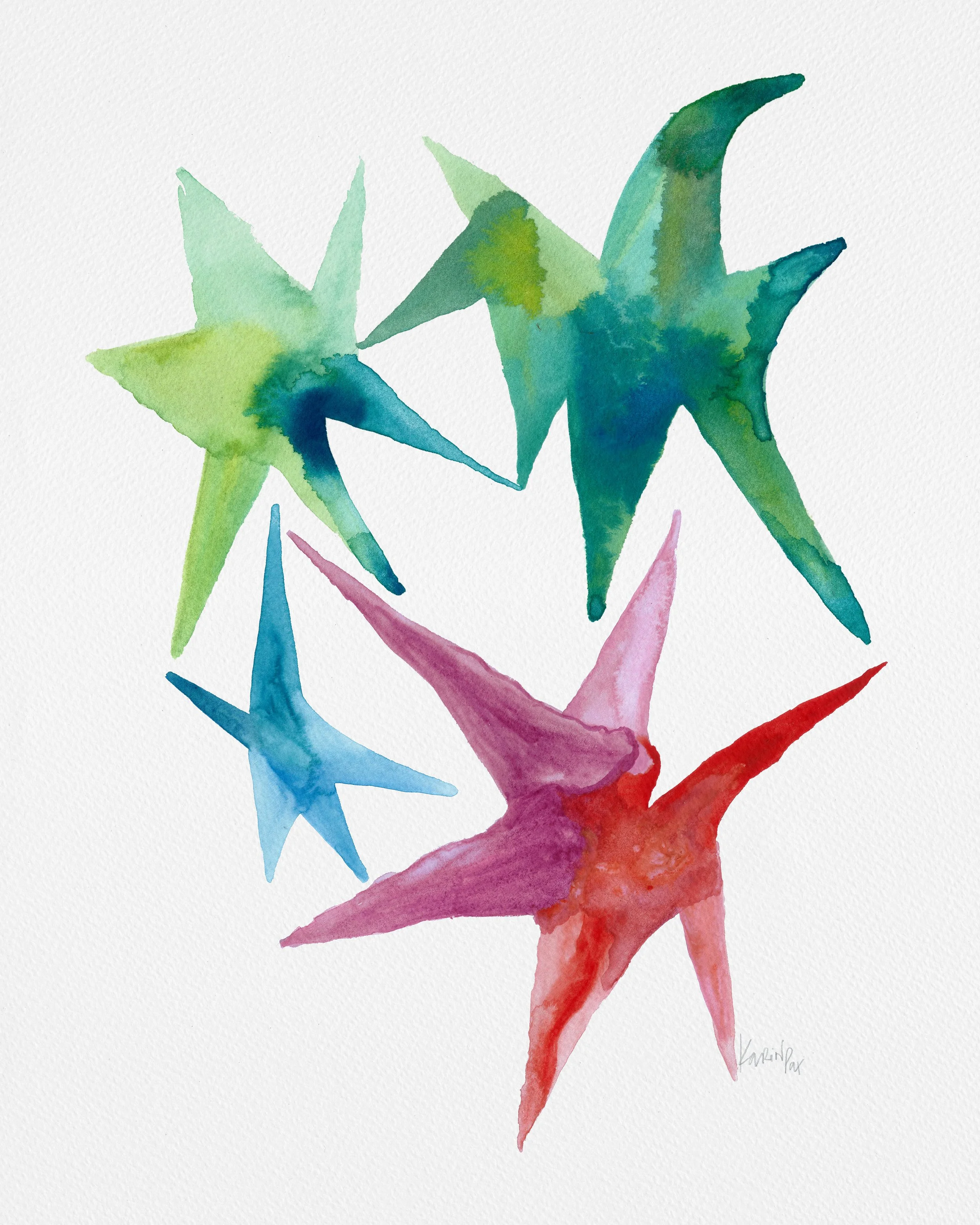 Starry, original watercolour by Karina Da Paixao Teixeira, five abstract star forms in green, teal, blue, purple and red on white