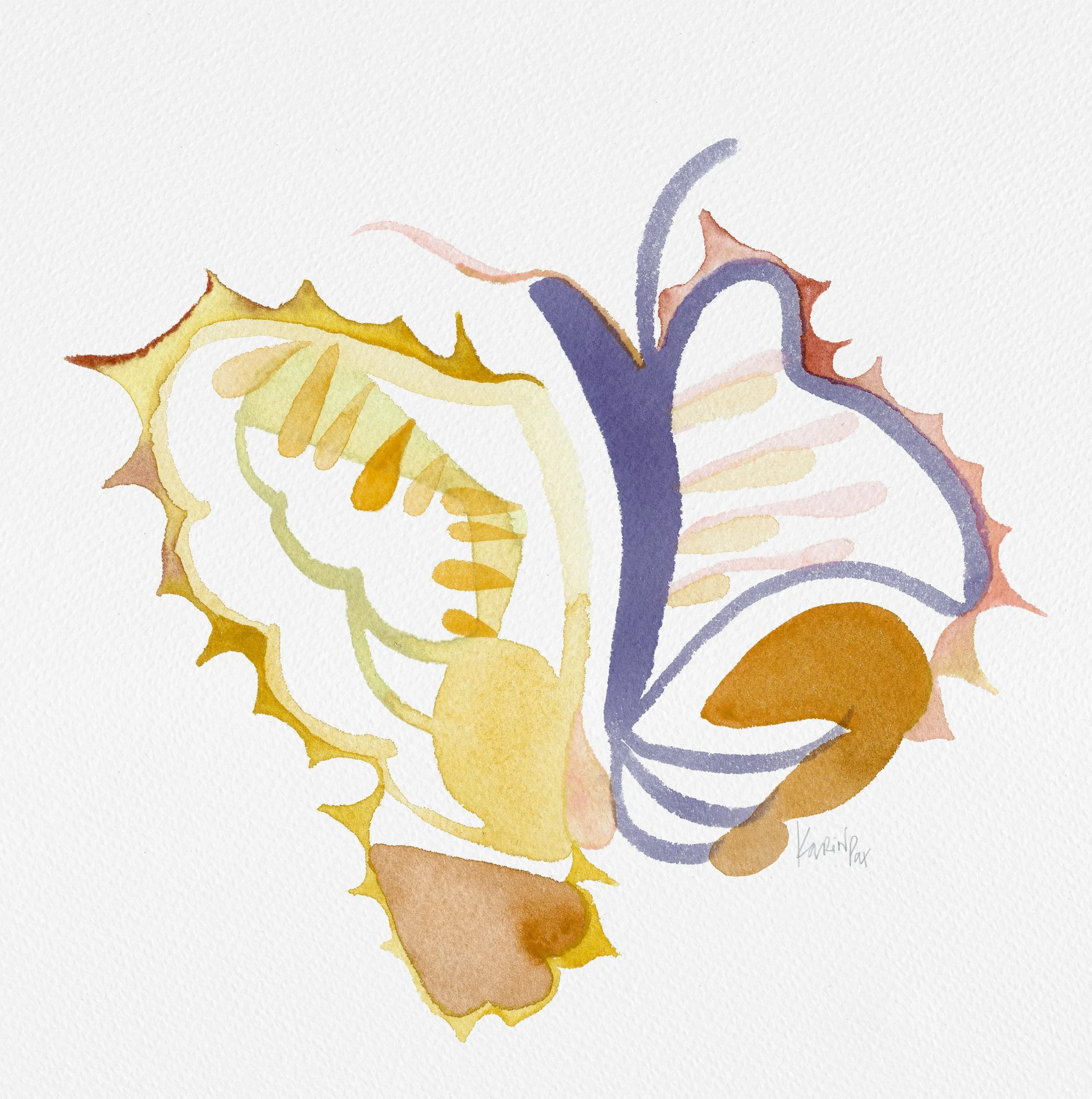 Borbo, watercolour by Karina Da Paixao Teixeira, abstract butterfly form in yellow, blue and soft pink