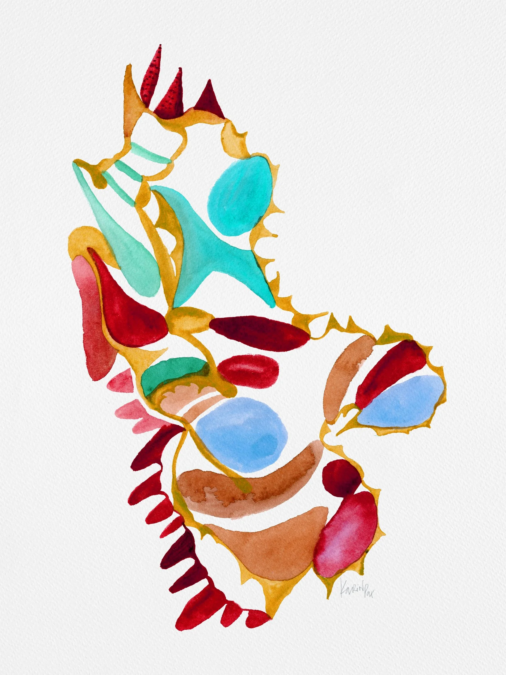 Stardust In Red, watercolour by Karina Da Paixao Teixeira, abstract painting about star formation in red, greens, blue, aquamarine, and ochre