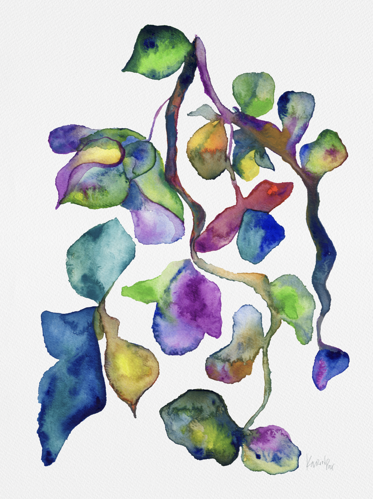 Unconscious, watercolour by Karina Da Paixao Teixeira, abstract leaves in deep blue, purple, green and yellow drifting from a vine