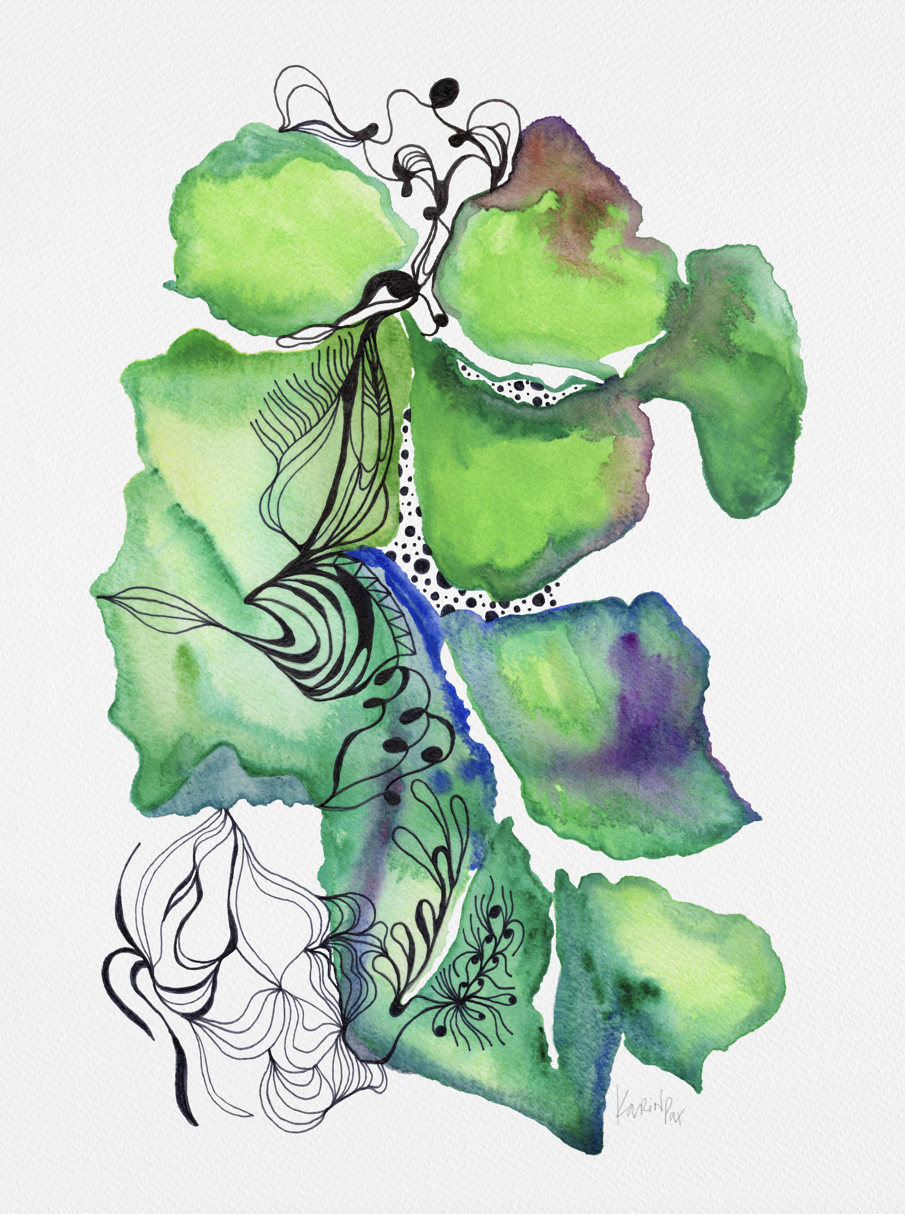 Unfinished, watercolour and ink by Karina Da Paixao Teixeira, abstract botanical forms in green, teal and purple, some fully rendered, some still only line