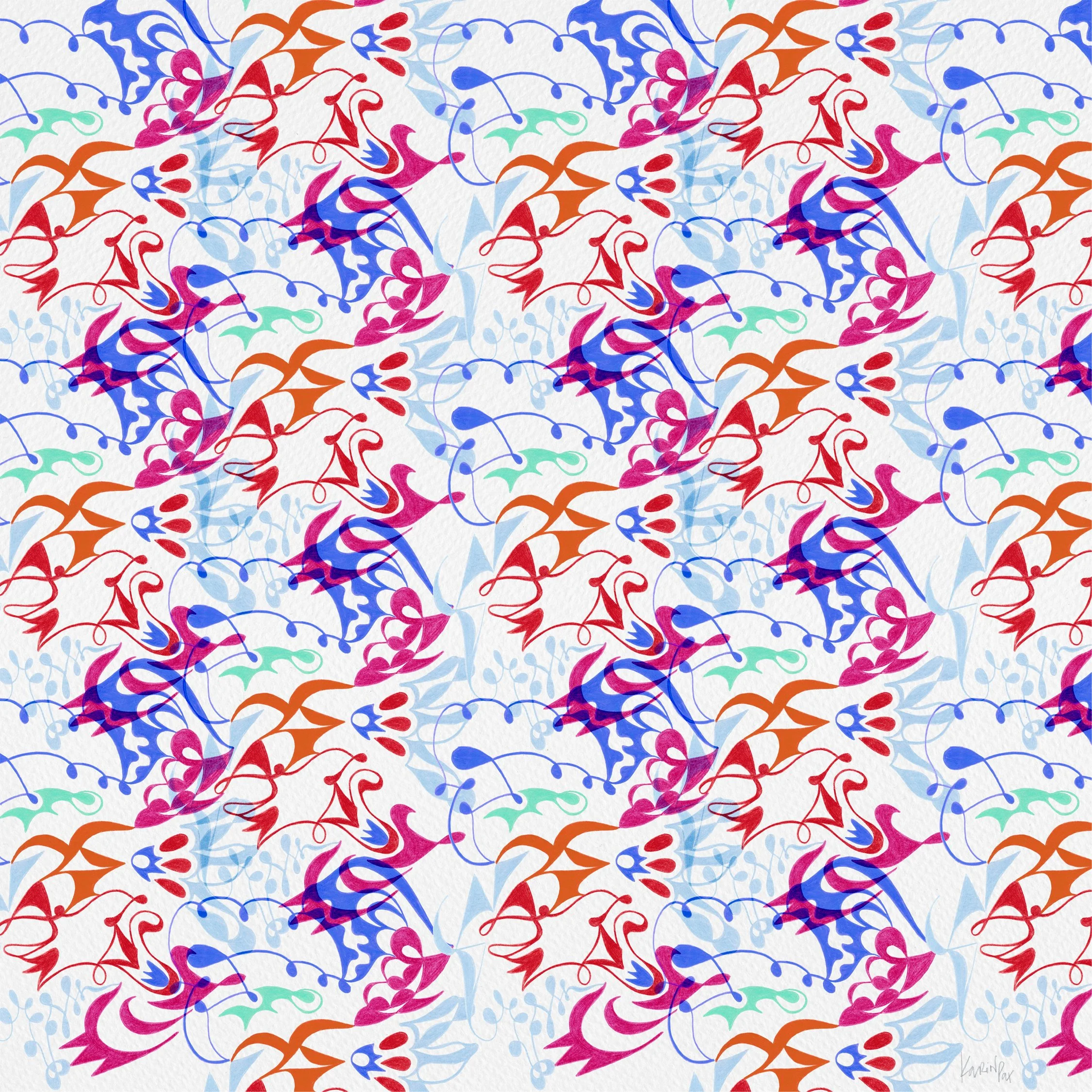 Intrusive Memories, watercolour painting by Karina Da Paixao Teixeira, abstract pattern in red, blue, orange and pink