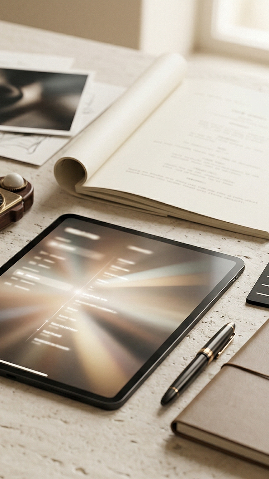 A workspace with a tablet displaying a blurred screen, an open document or script, a pen, a notebook, and some photographs on a light-colored surface.