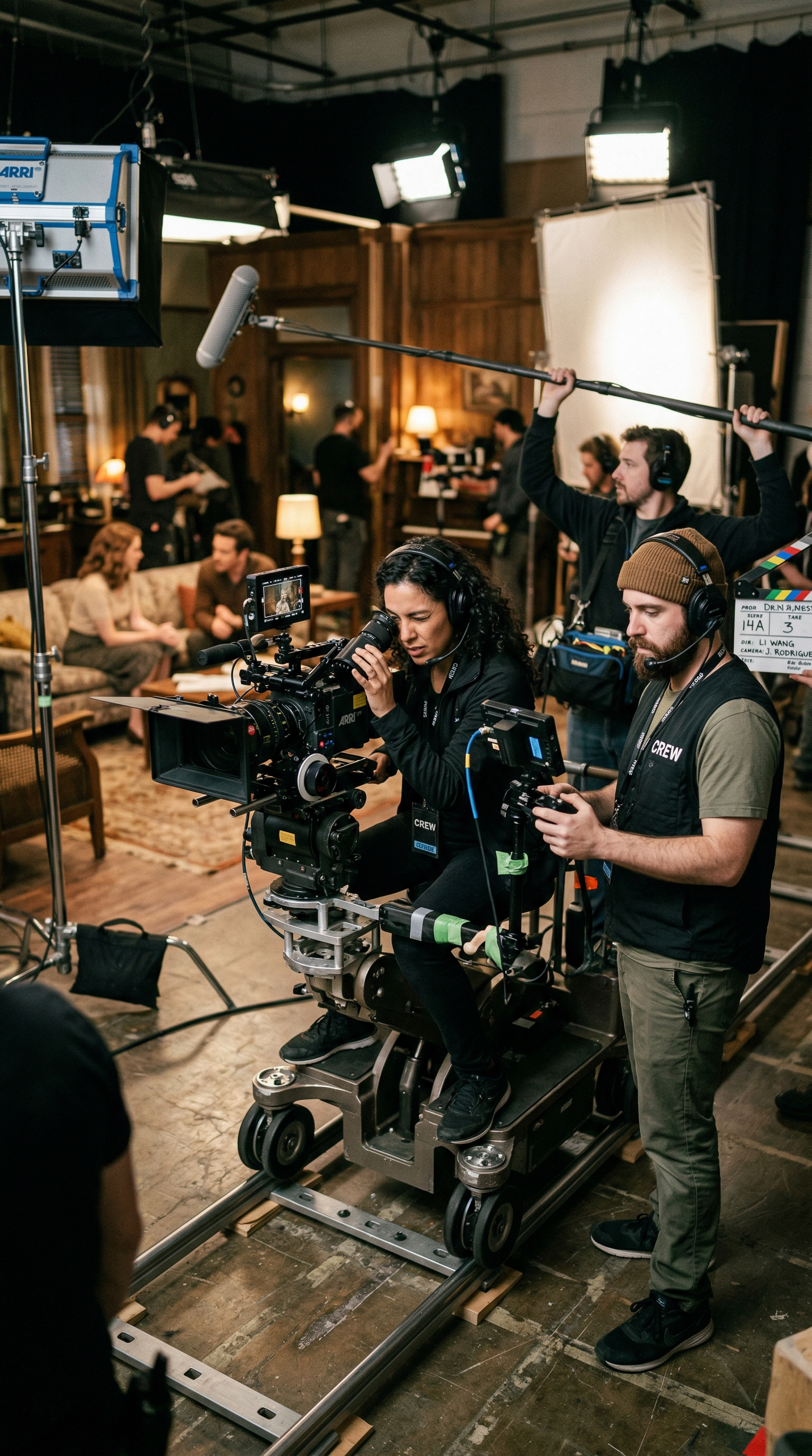 Film crew setting up shot with director and camera operator on a dolly in a cozy, warmly lit room with actors on a couch in the background.
