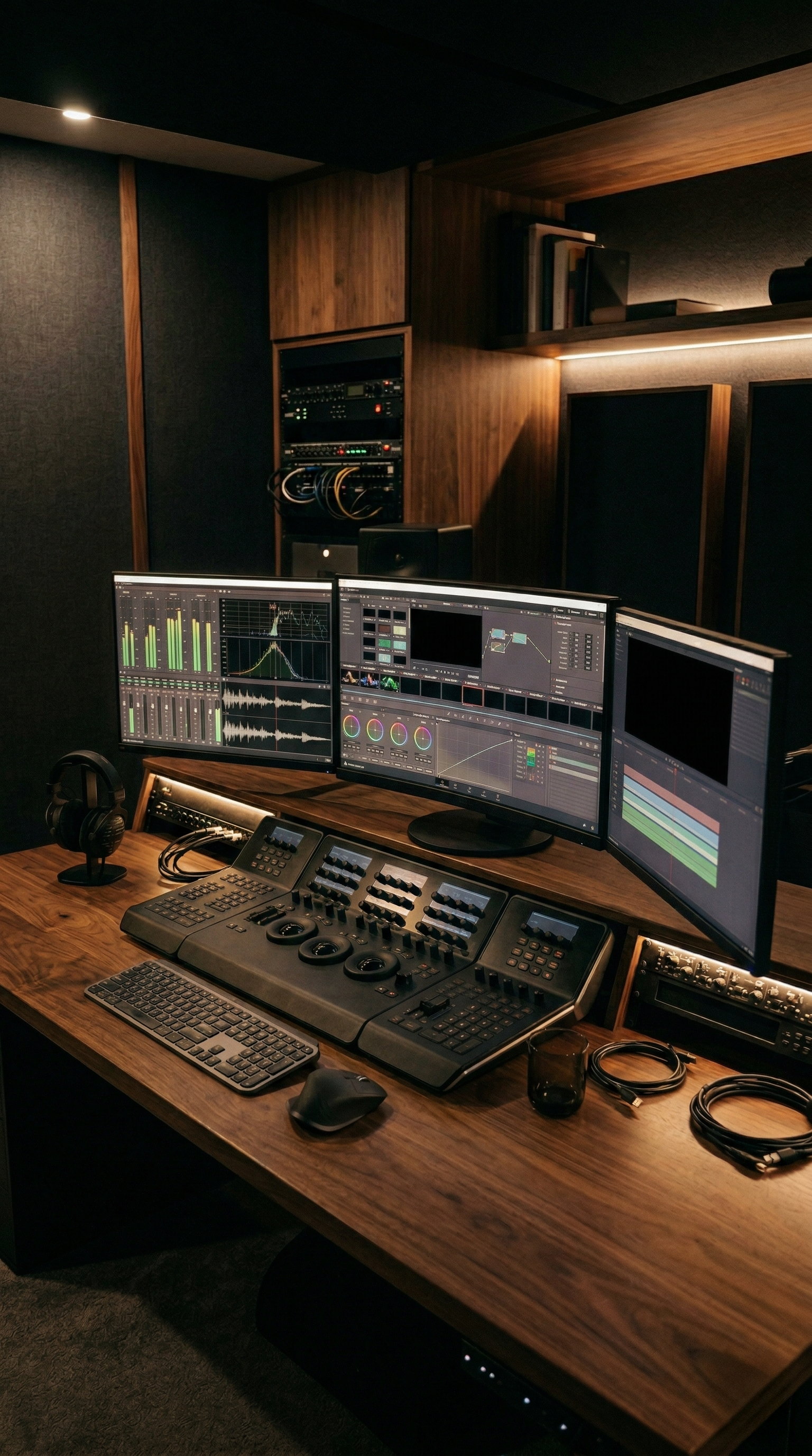 Recording studio with large wood desk, three computer monitors displaying audio editing software, sound mixing console, headphones, keyboard, mouse, and cables, surrounded by dark walls and equipment racks.
