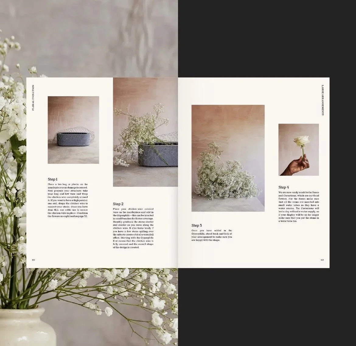 A pages of a floral arrangement guide showing the step-by-step process of creating a flower arrangement with white flowers and a gray container, accompanied by images and text instructions.