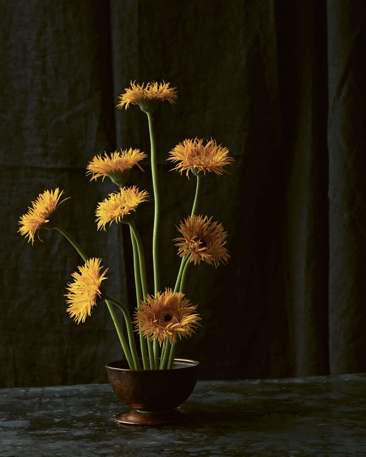 Yellow flowers arranged in a dark brown bowl against a black background.