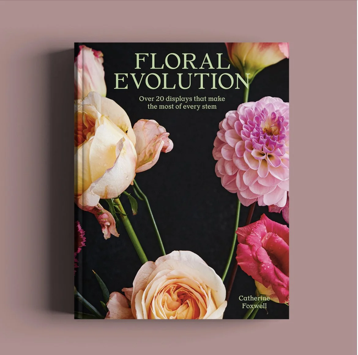 Book cover titled "Floral Evolution" featuring various flowers such as roses and dahlias on a black background.
