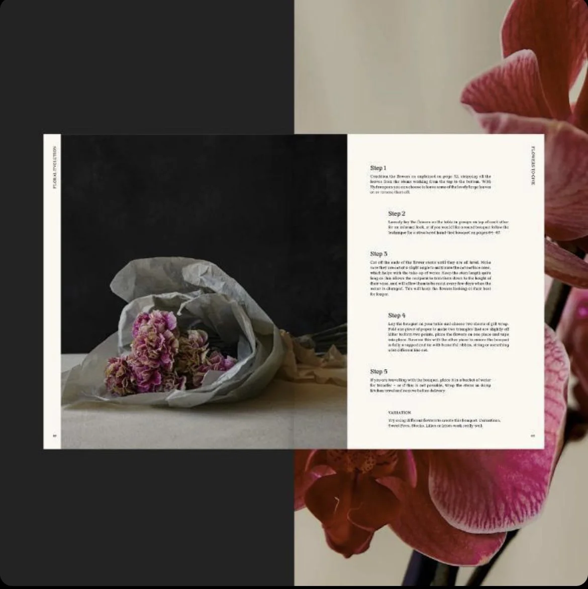 A page from a book or magazine open to instructions for flower arranging, with a photo of a bouquet of pink flowers wrapped in tissue paper. The background includes a dark wall on the left and some pink and red orchids on the right.