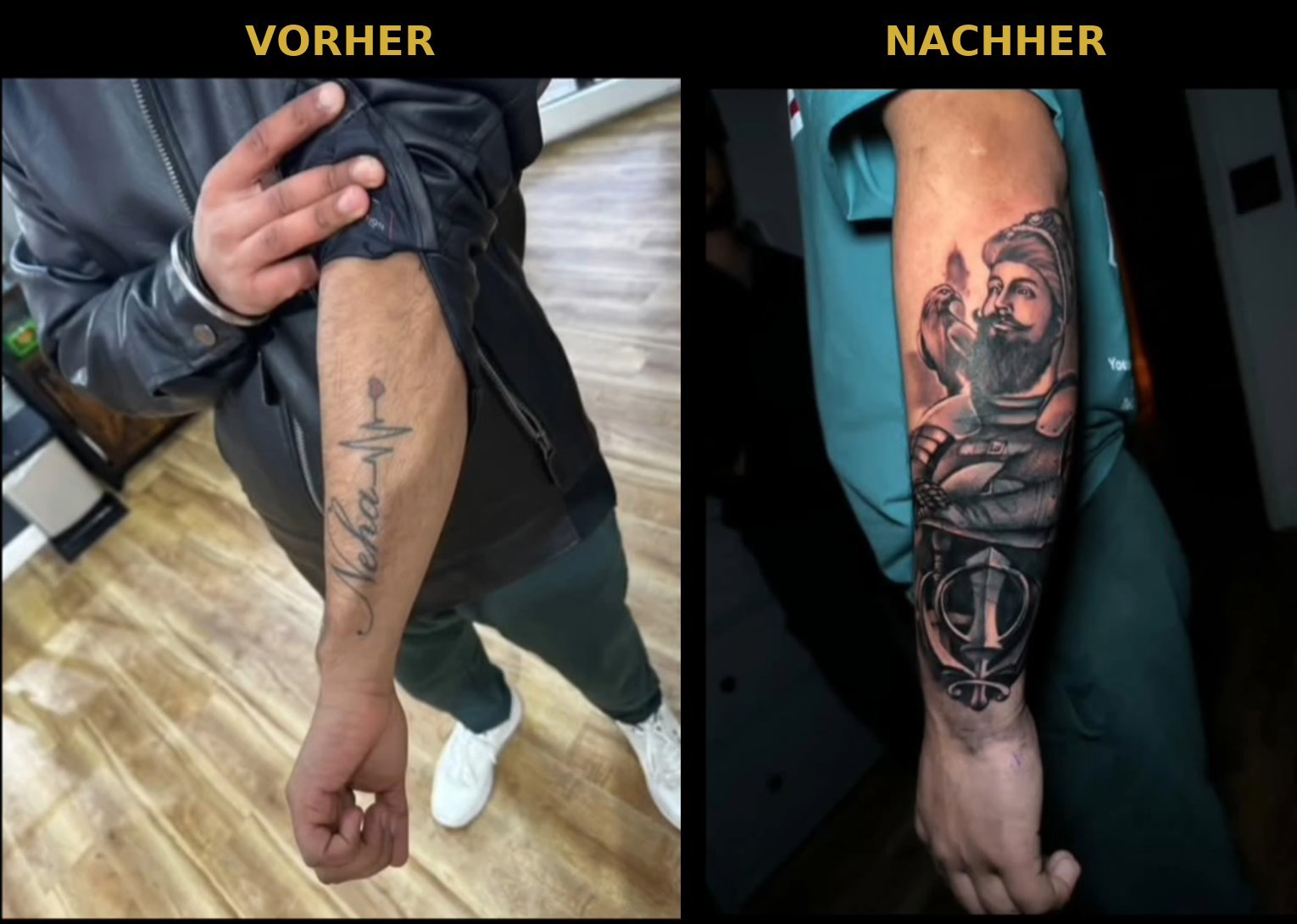 Cover-up Tattoo Offenbach vorher nachher: Namensschriftzug am Unterarm überdeckt mit Realistic-Motiv in Black and Grey – King Tattoo & Piercing