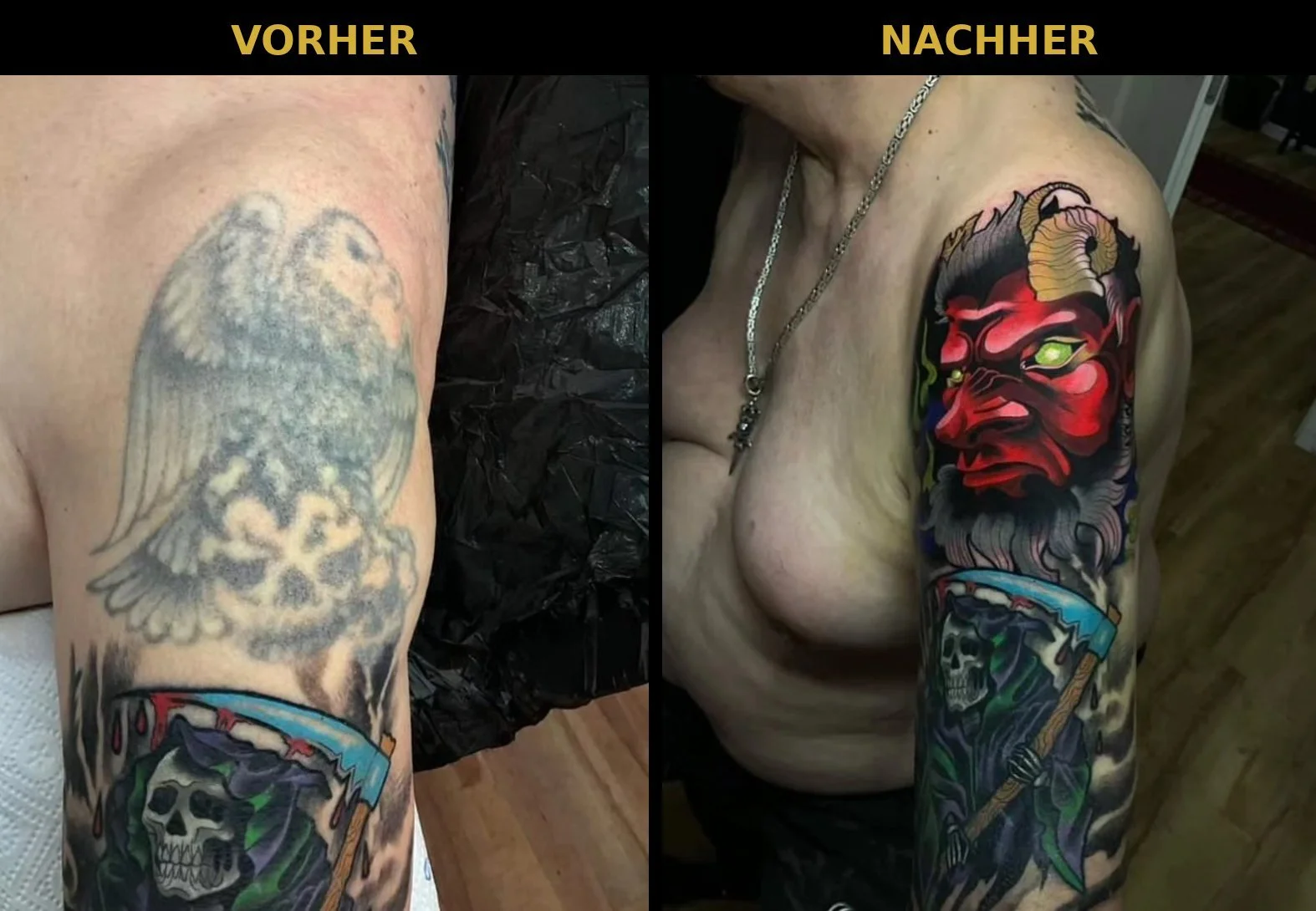 Cover-up Tattoo Offenbach vorher nachher: verblasstes Oberarm-Tattoo überdeckt mit farbigem Teufelskopf – King Tattoo & Piercing