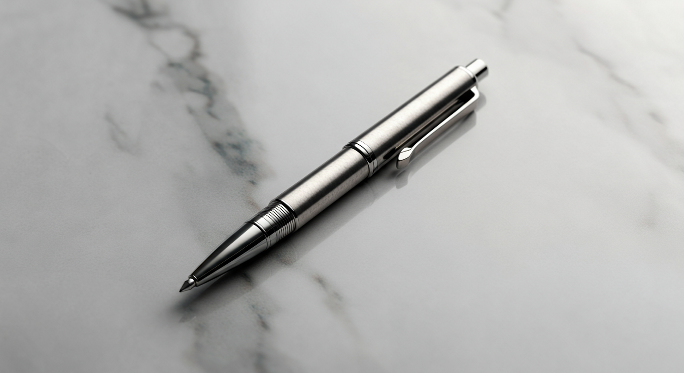 Silver pen placed on a white marble surface.