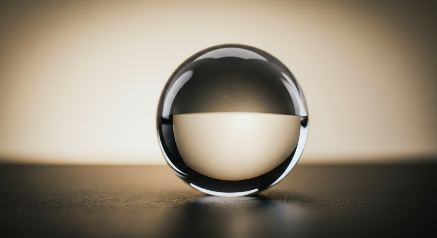 Close-up of a glass marble on a flat surface, reflecting the surrounding light and background with a neutral gradient