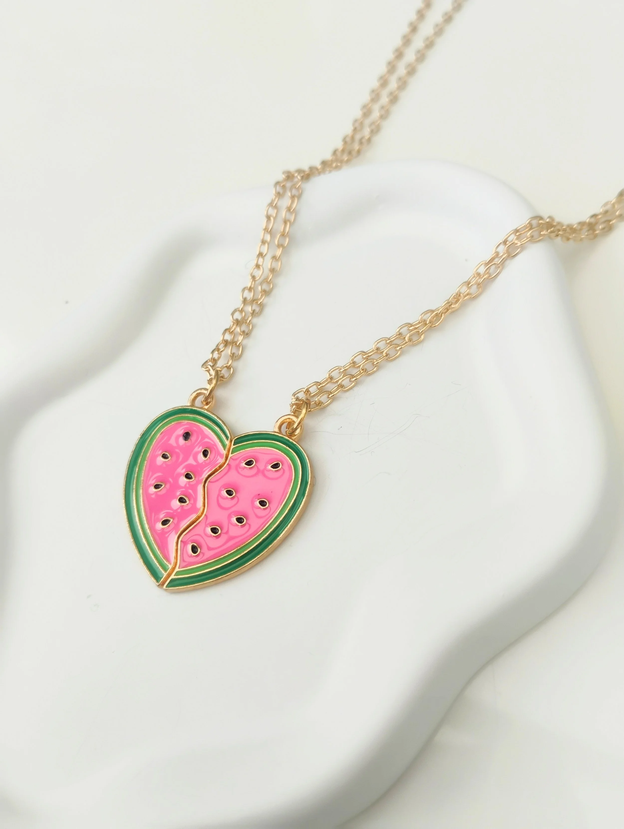 Heart Shaped Mosaic Alloy Watermelon Bestie Necklace.