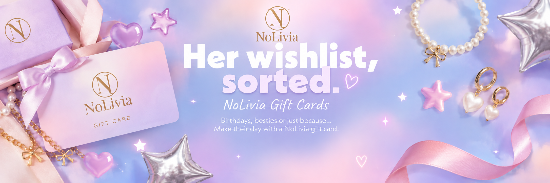 Promotional image for NoLivia gift cards with pastel purple background, featuring gift boxes, jewelry, balloons, and stars, with text advertising gift cards for birthdays, besties, or just because.