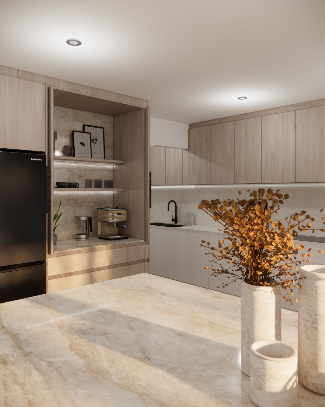 A 3D rendered image of a modern kitchen with timber and white cabinets, black faucet, coffee machine on marble countertop, with dried floral arrangement in white vases.