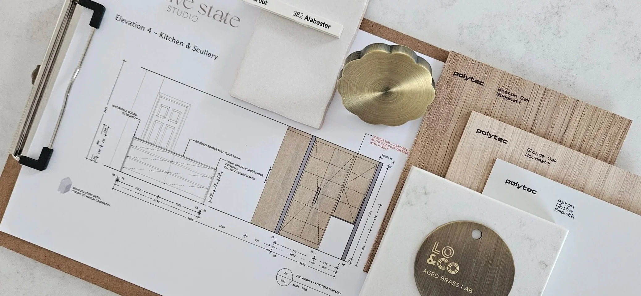 Kitchen material selections including timber veneer, brass finishes and joinery samples. A elevation plan view of the kitchen the design.