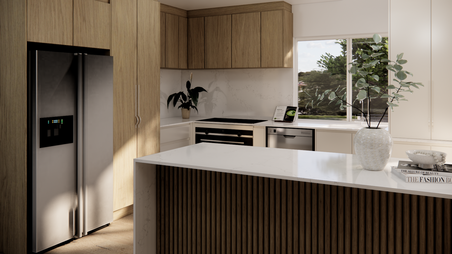 Modern kitchen with wooden and white cabinetry, a marble island, and a large window overlooking trees, decorated with a potted plant, a vase with eucalyptus, and a stack of books.