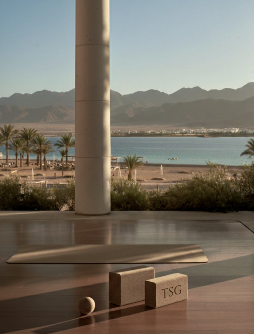 Indoor yoga mat with small stone and two blocks labeled 'TSG' in front of large window showing a lakeside with palm trees and mountain range.