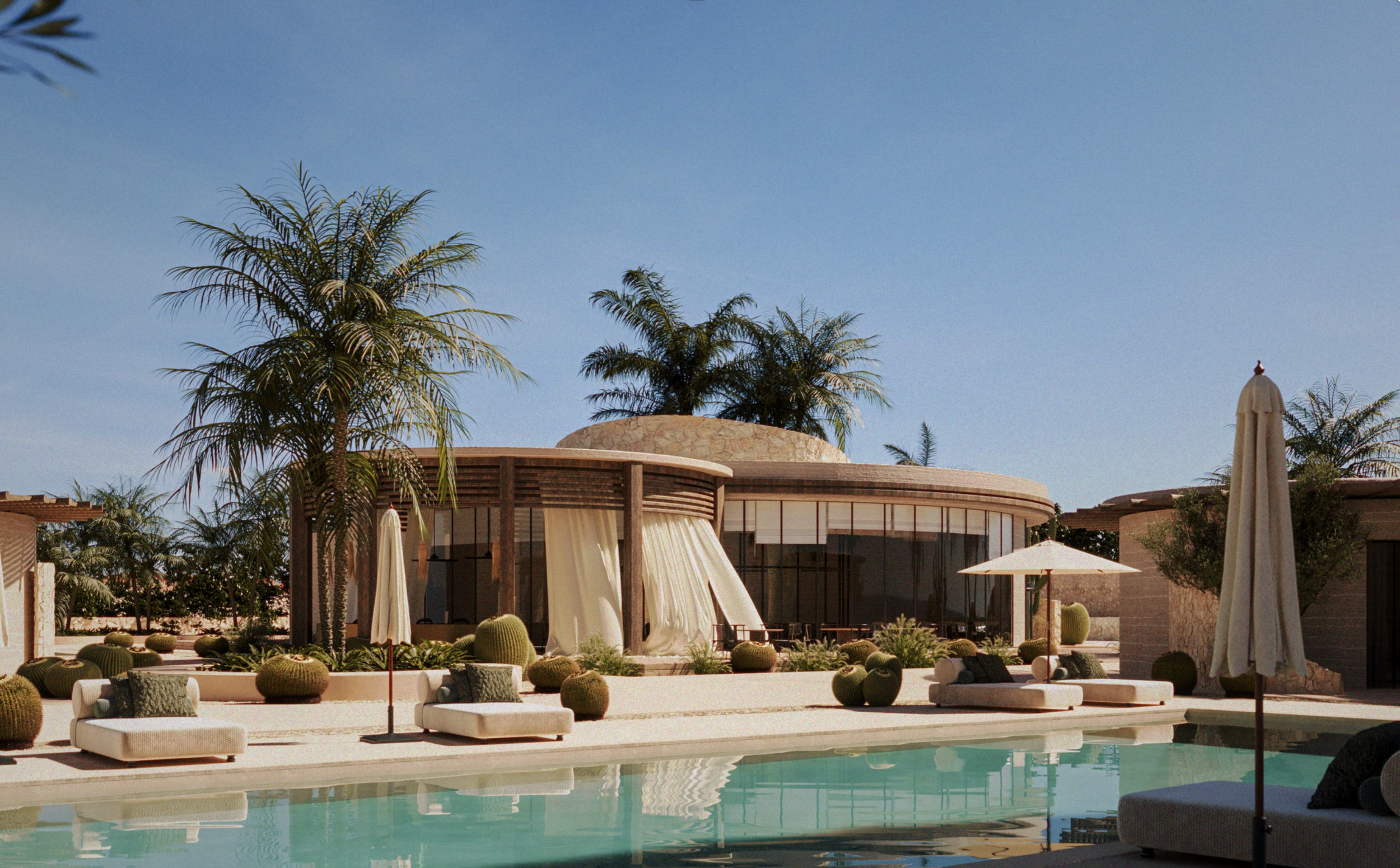 Luxury outdoor pool area with lounge chairs, umbrellas, and modern house with large glass windows, surrounded by palm trees under a clear blue sky.