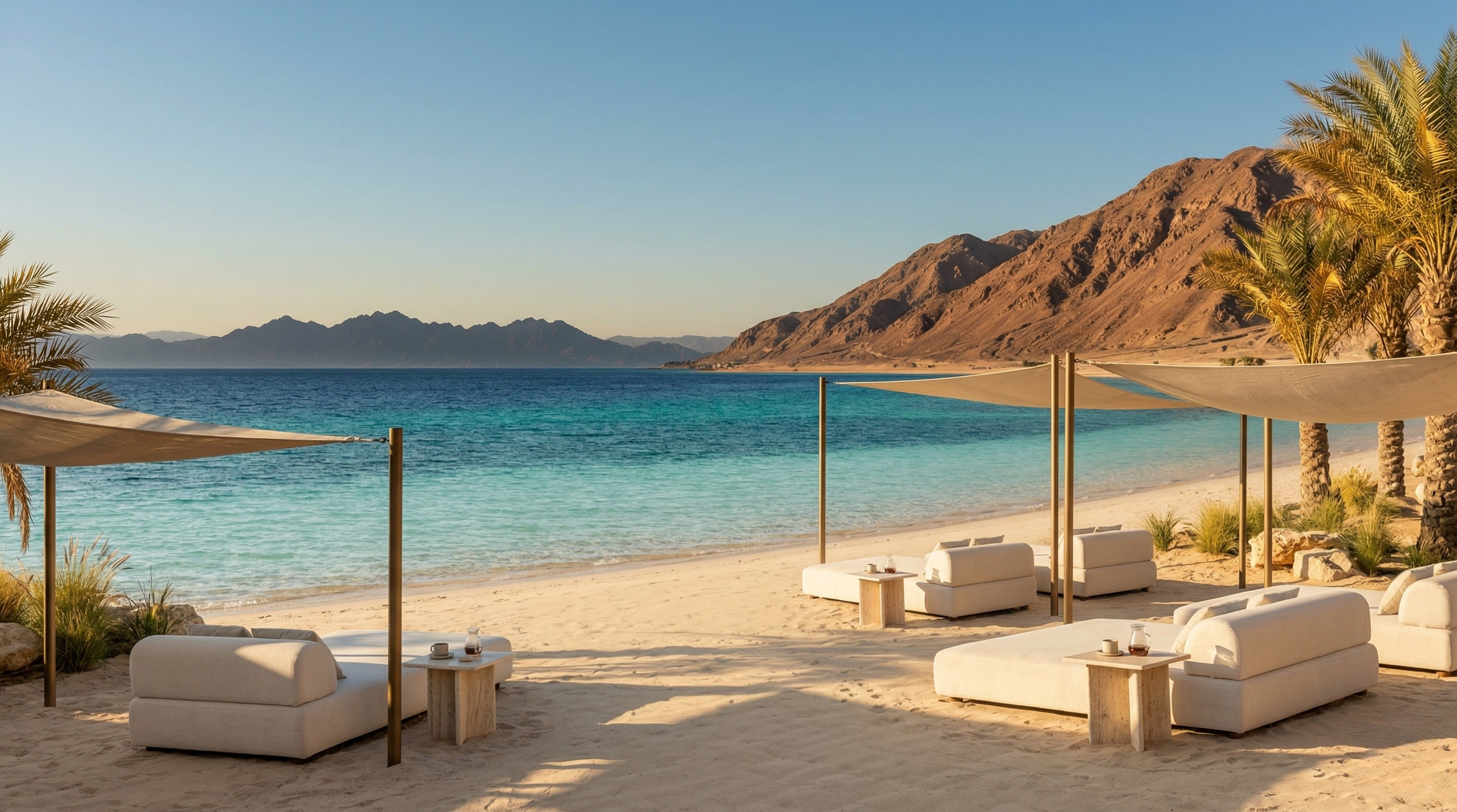 Beach scene with white lounge chairs, small tables, palm trees, blue ocean, mountain backdrop, and shade sails.