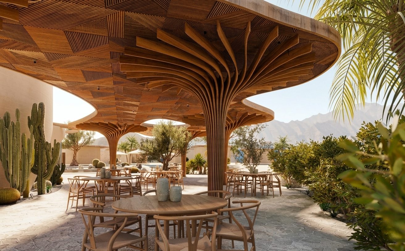 Outdoor patio with wooden tables and chairs under a wooden canopy, desert plants, including cacti, and mountains in the background.