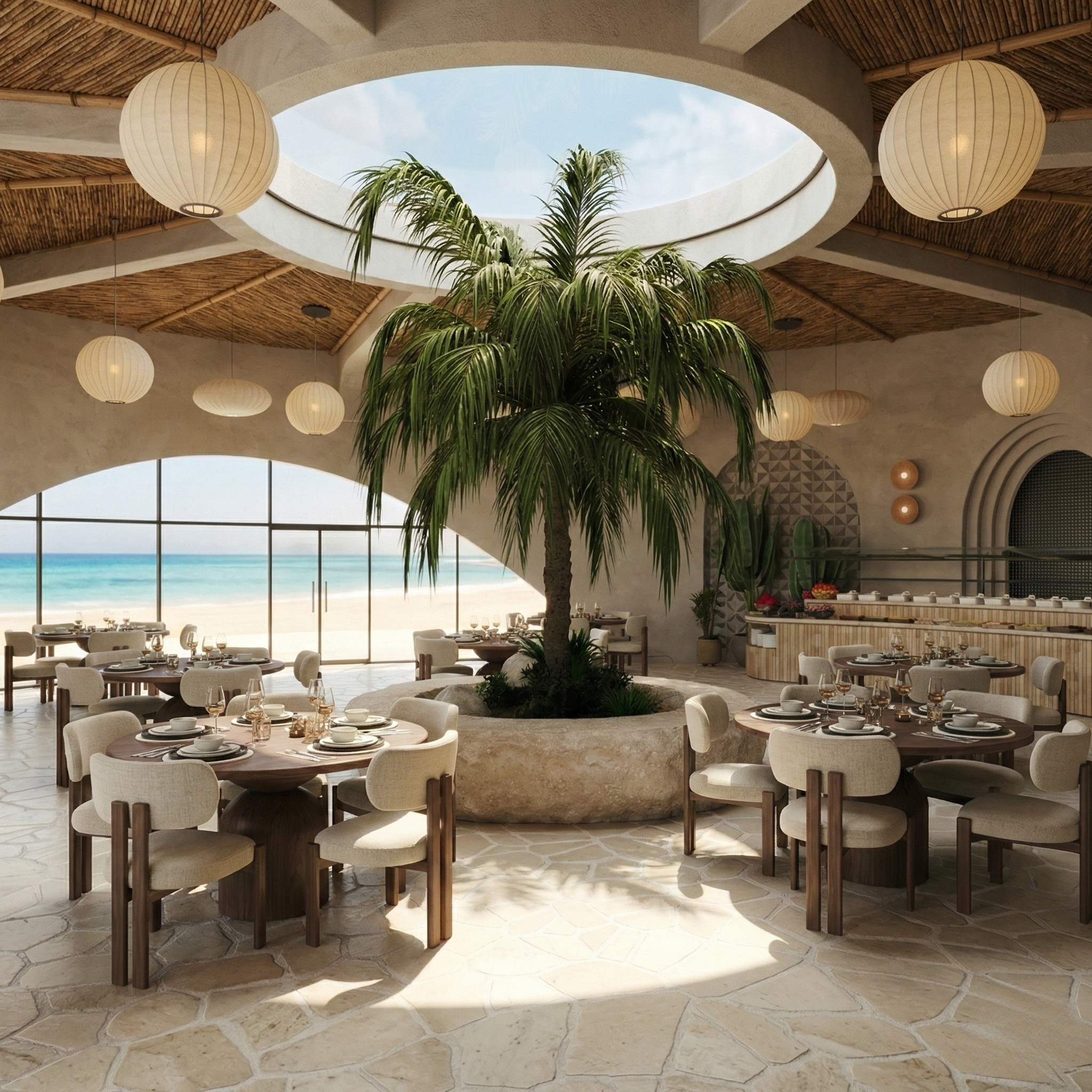 Indoor restaurant with large palm tree in the center, ocean view through large windows, tables and chairs set for dining, hanging paper lantern lights, and a natural, tropical decor style.