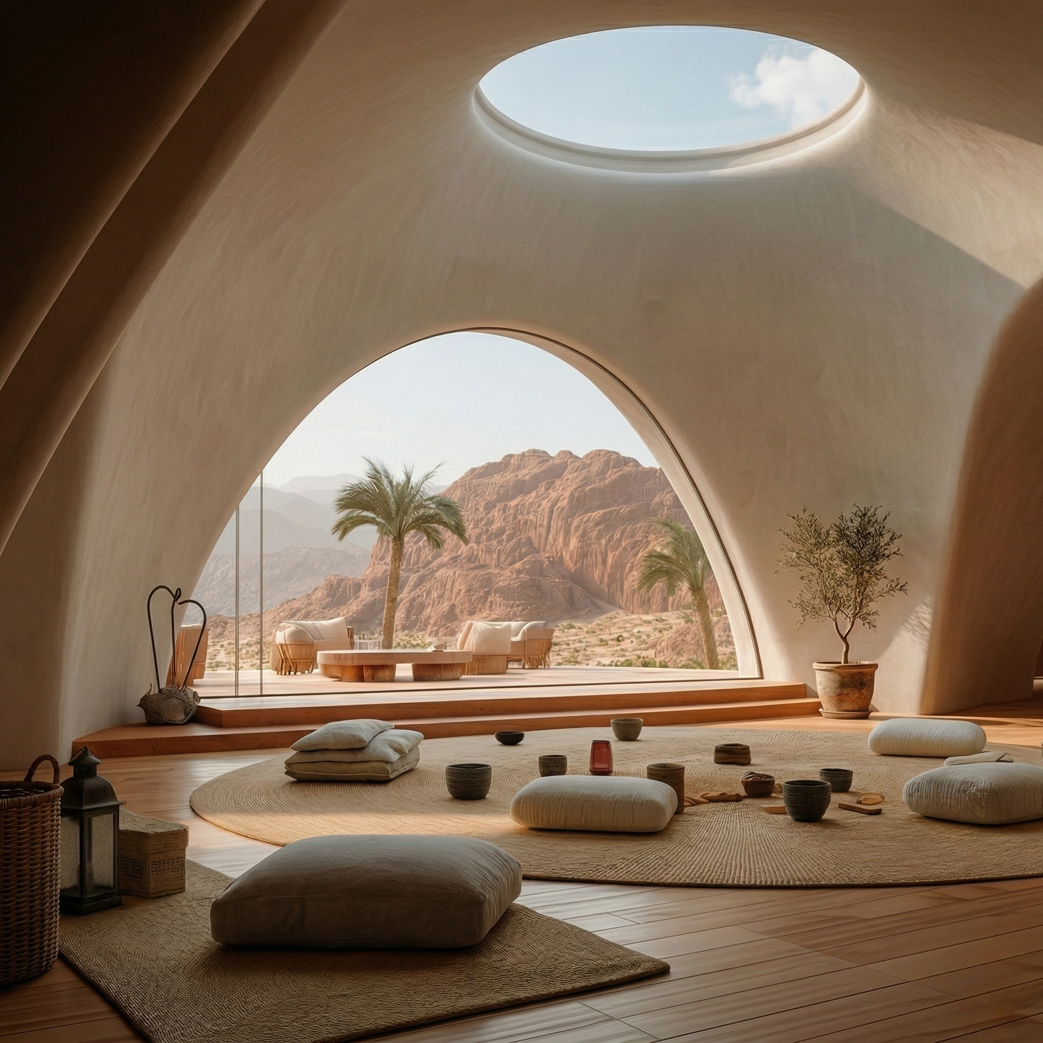 Interior of a desert-themed modern living space with large, organic-shaped windows showing a view of mountains, palm trees, and desert landscape. The room has a circular rug, floor cushions, bowls, and a small table, with a potted tree and outdoor seating area visible through the windows.