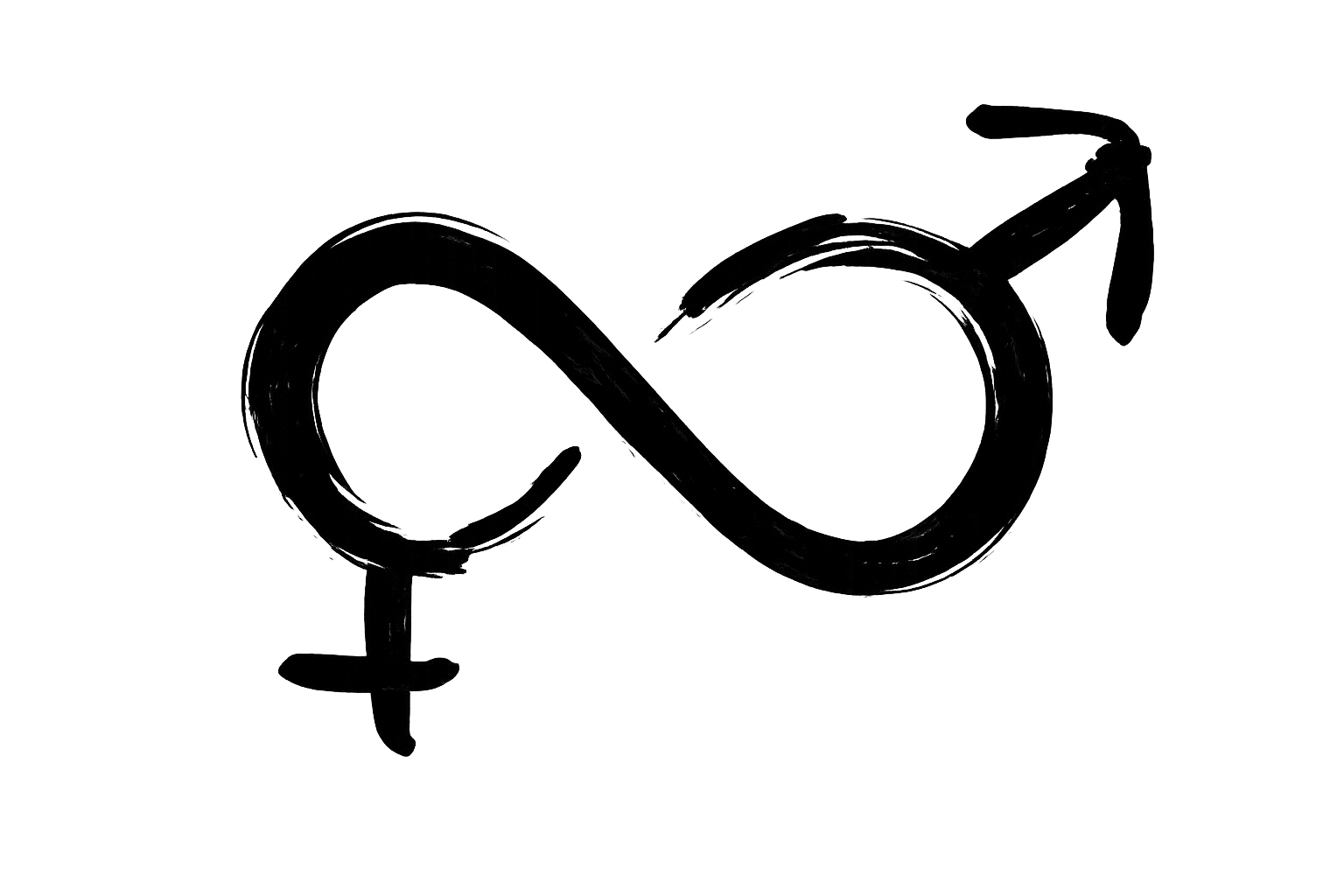 The Love and Beyond Logo, black on white background. An Infinity sign with the two gender signs, representing the infinite combination of gender and possible relationship constellations.