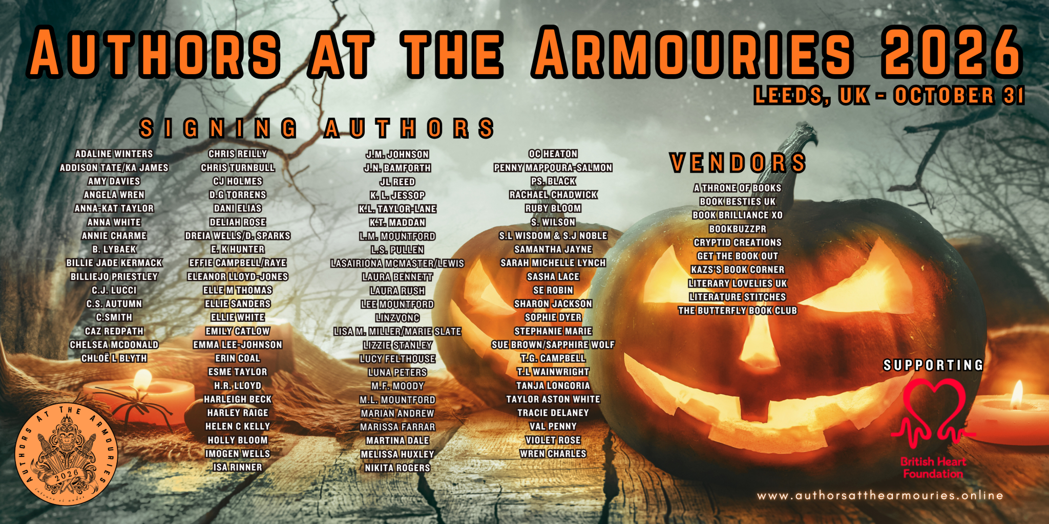 A promotional poster for Authors at the Armouries 2026 event in Leeds, UK on October 31. The poster features a Halloween-themed background with a large carved pumpkin, candles, and a foggy forest. It lists signing authors in three columns and vendors on the right, along with a supporting British Heart Foundation logo and event details.