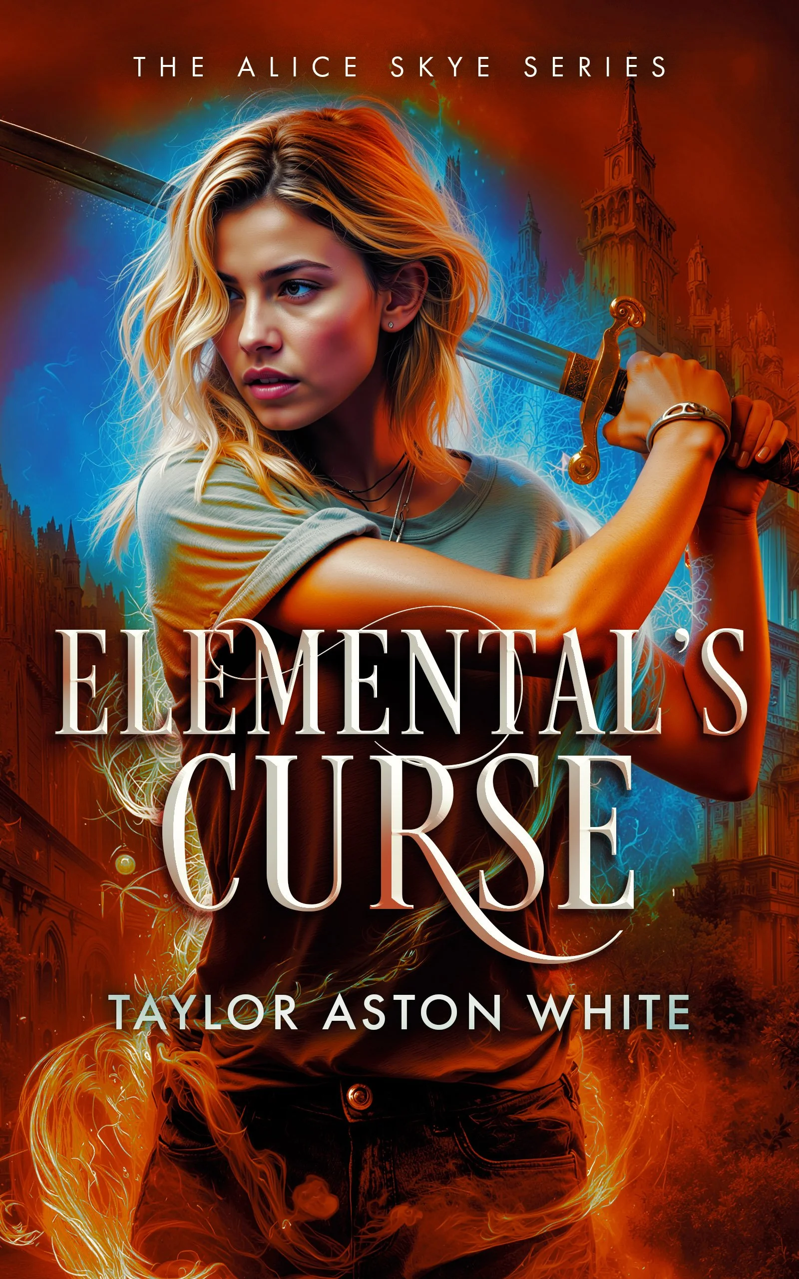 Young woman holding a sword with lightning effects behind her on a book cover for 'Elemental's Curse' by Taylor Aston White, featuring a gothic cityscape background.