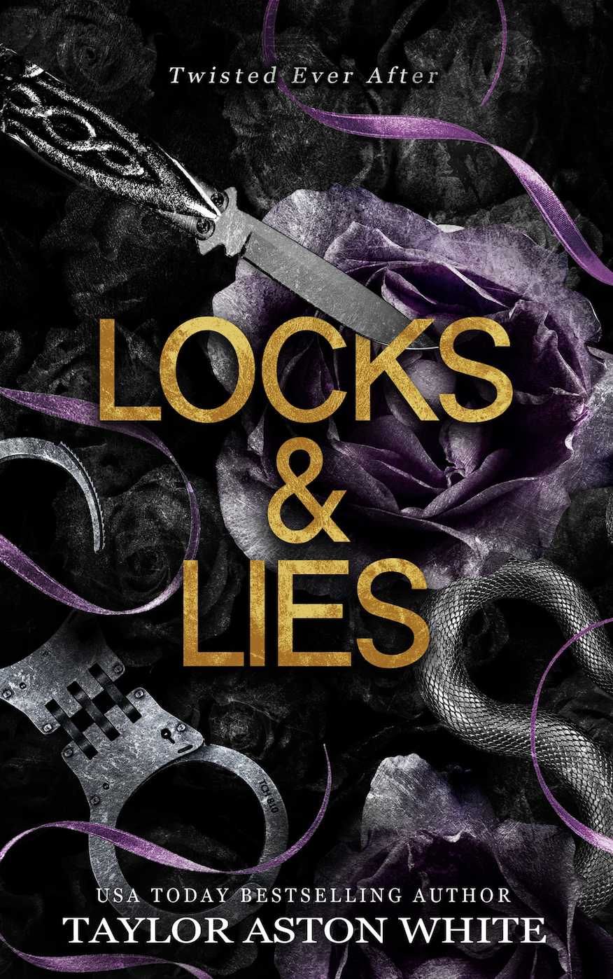 Book cover for 'Locks & Lies' by Taylor Aston White featuring dark background with a purple rose, handcuffs, a snake, a dagger, and purple ribbons.