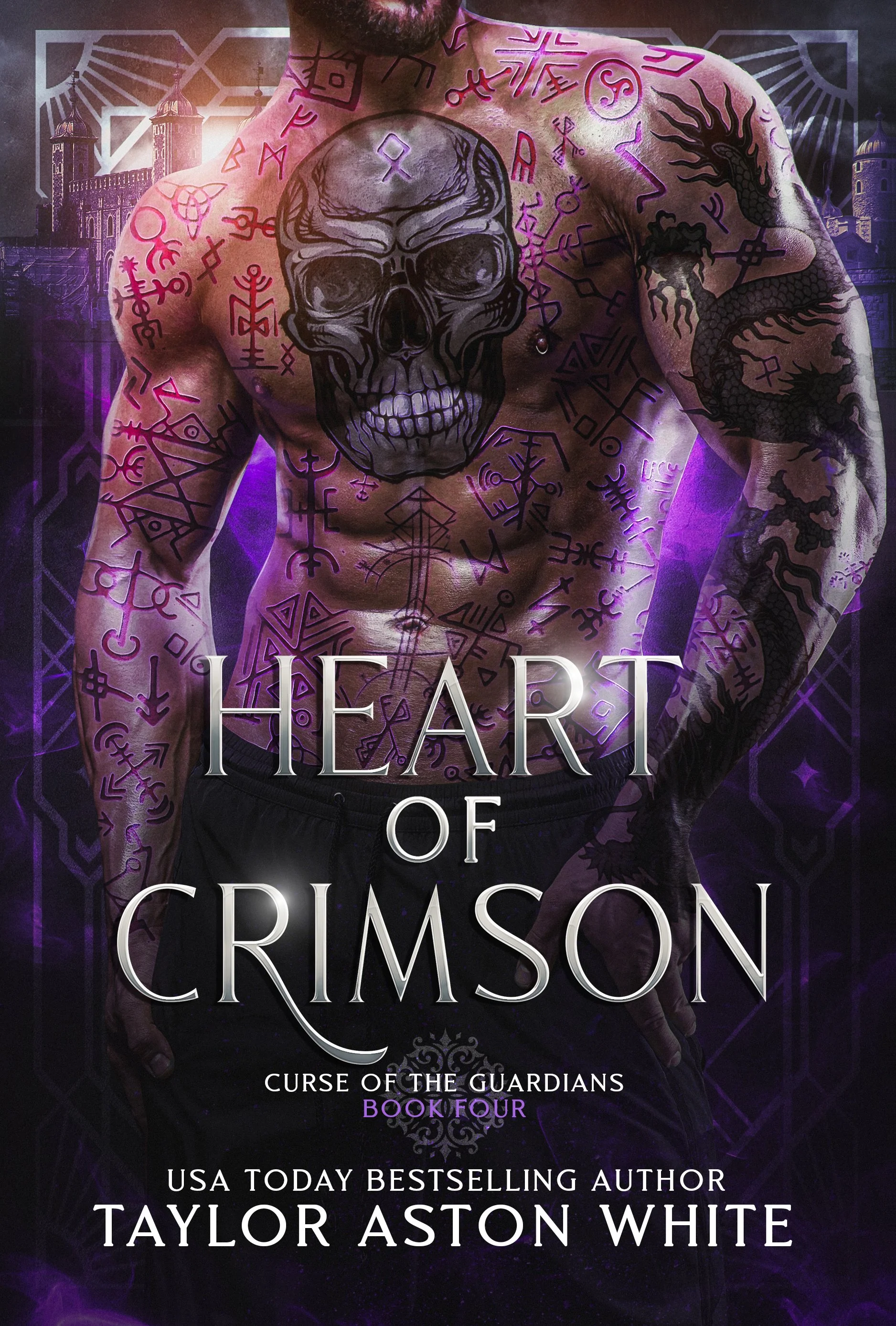 Book cover for 'Heart of Crimson' by Taylor Aston White. The cover features a shirtless man with tattoos and neon-colored mystical symbols on his body. The man has a large skull tattoo on his chest, and a dragon tattoo on his arm. The background is dark with purple and blue glowing elements and mystical designs. The title 'Heart of Crimson' is prominently displayed in large font, with the series name 'Curse of the Guardians' and volume number 'Book Four' below. The author's name is at the bottom.