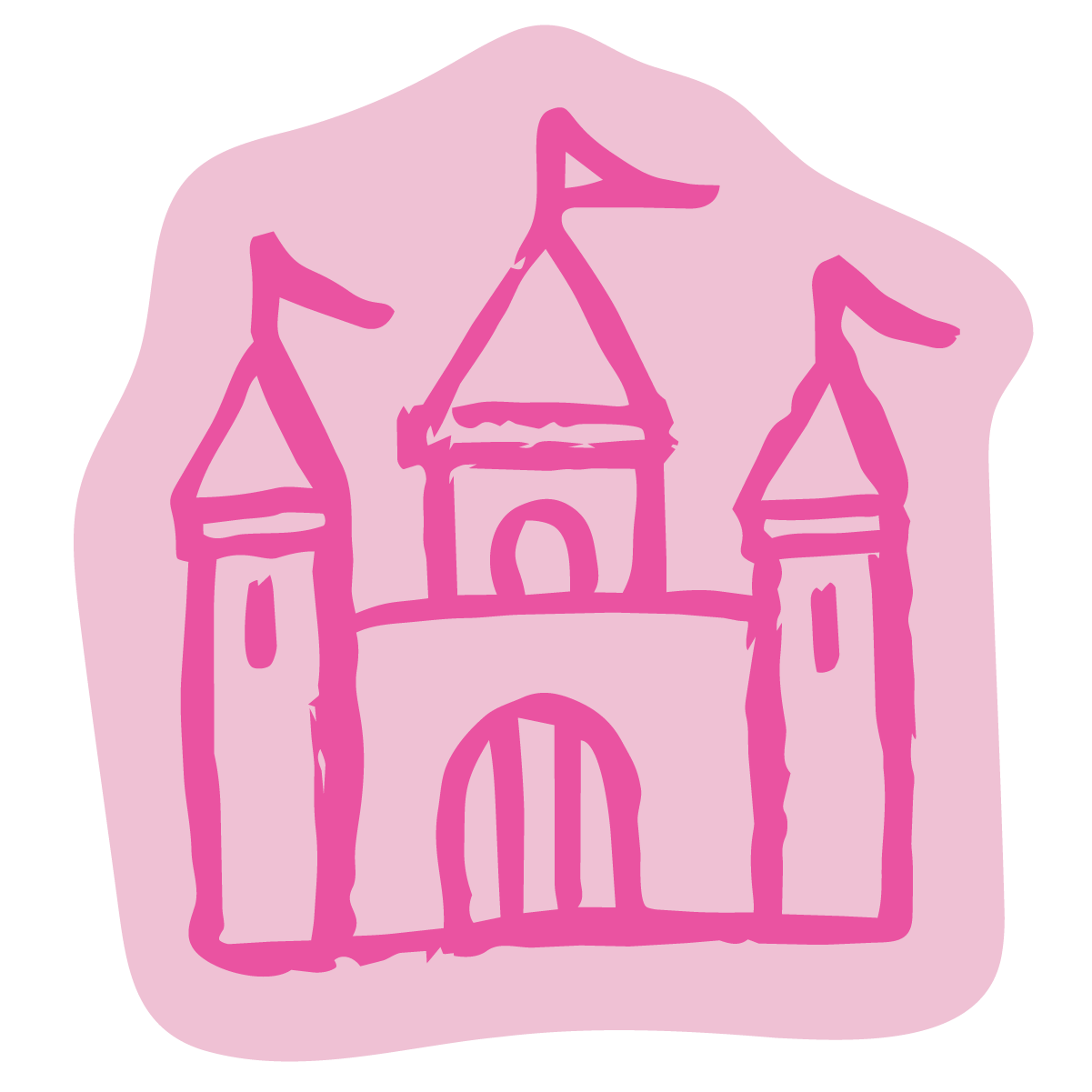 A childlike pink drawing of a castle with three towers, flags on top of each tower, and a gate in the middle.