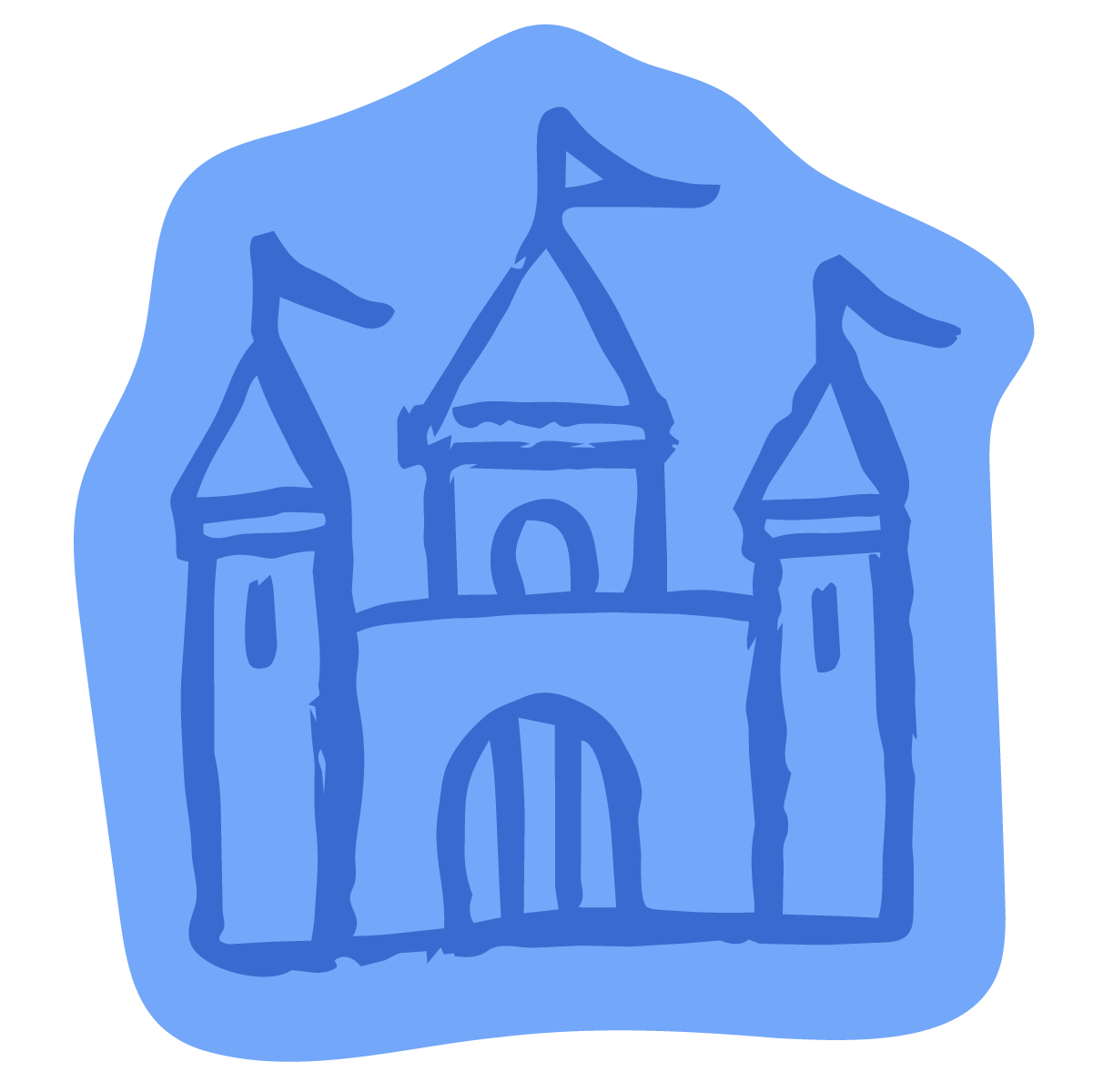 A simple, hand-drawn illustration of a castle with three towers and a central entrance, on a blue background.