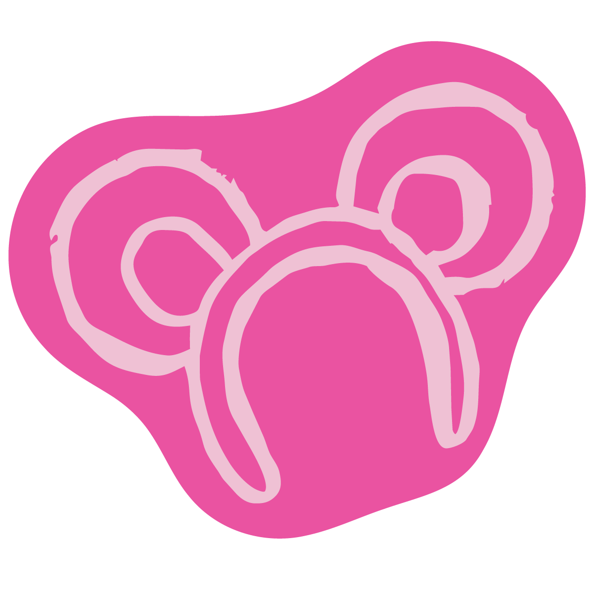 Pink abstract illustration of a bear's face made with thick lines, featuring three circular shapes representing ears and a larger oval shape for the face.