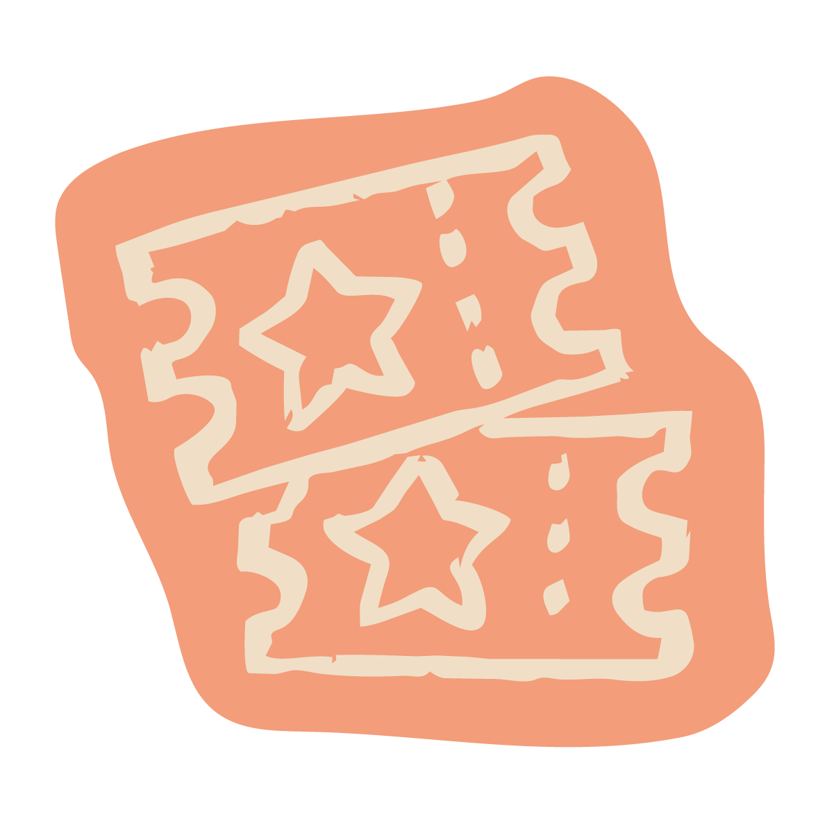 A square gingerbread cookie decorated with white icing in the shape of two stars and wavy lines, divided into two sections.