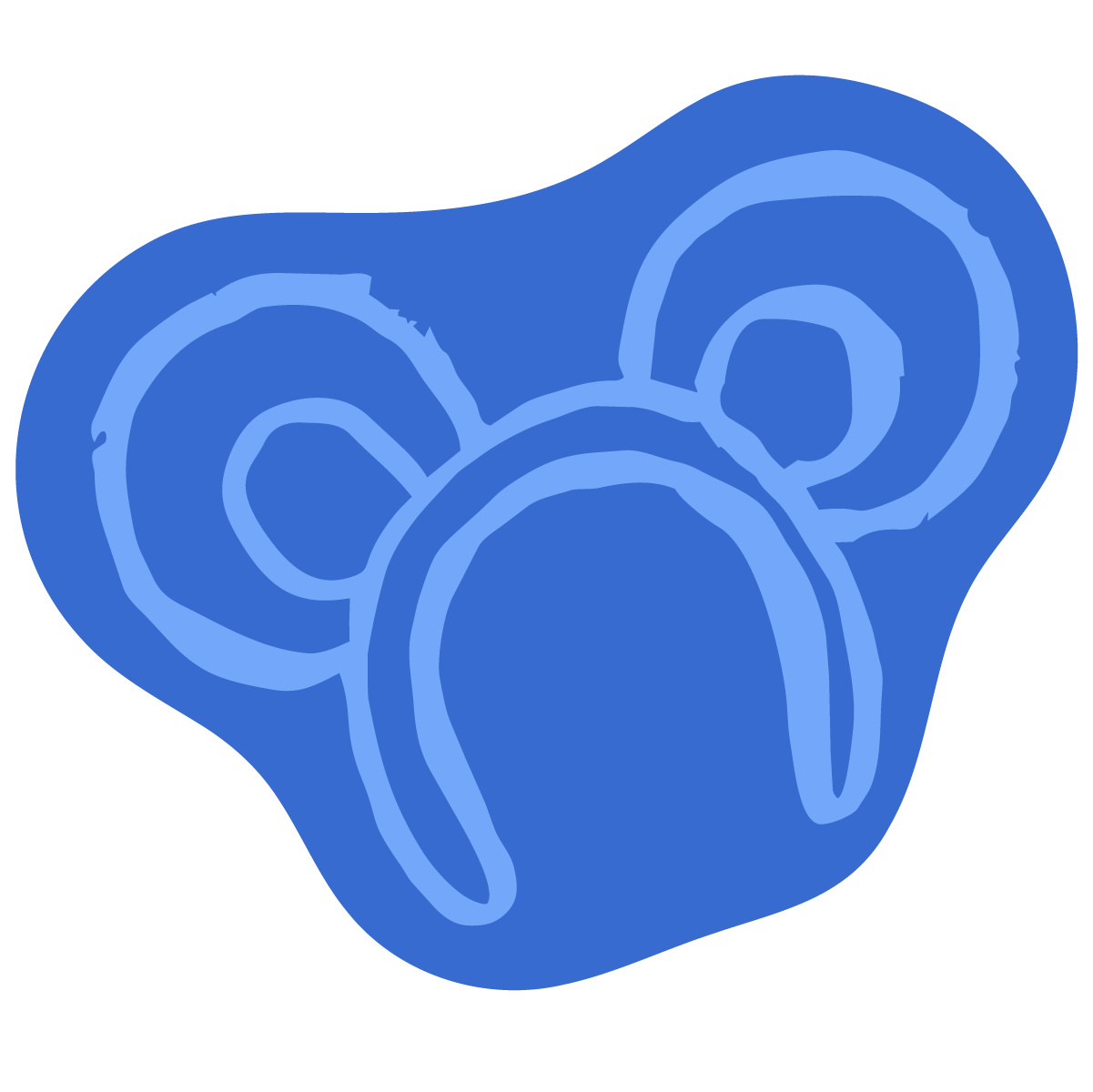 Stylized blue illustration of a hand with a neurovirus structure on the palm.