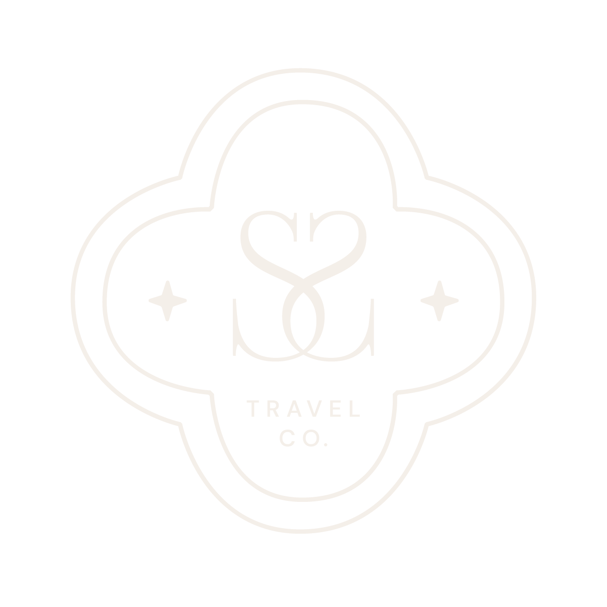 Logo for a travel company featuring a symmetrical floral design with a heart and infinity symbol in the center, stars, and the words "TRAVEL CO." at the bottom.