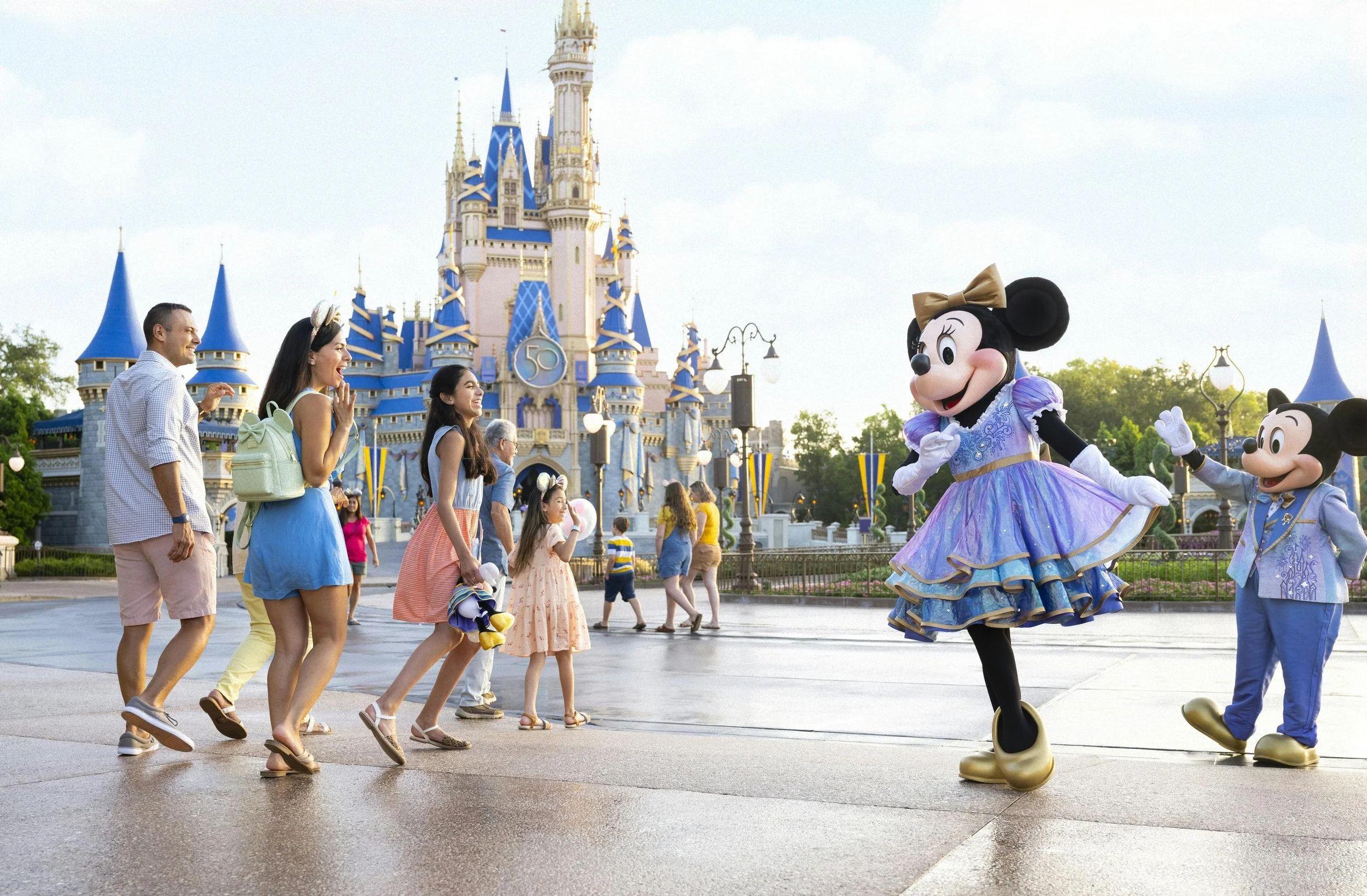 People enjoying a parade with Minnie Mouse and Mickey Mouse mascots at a Disney theme park, with Cinderella Castle in the background.