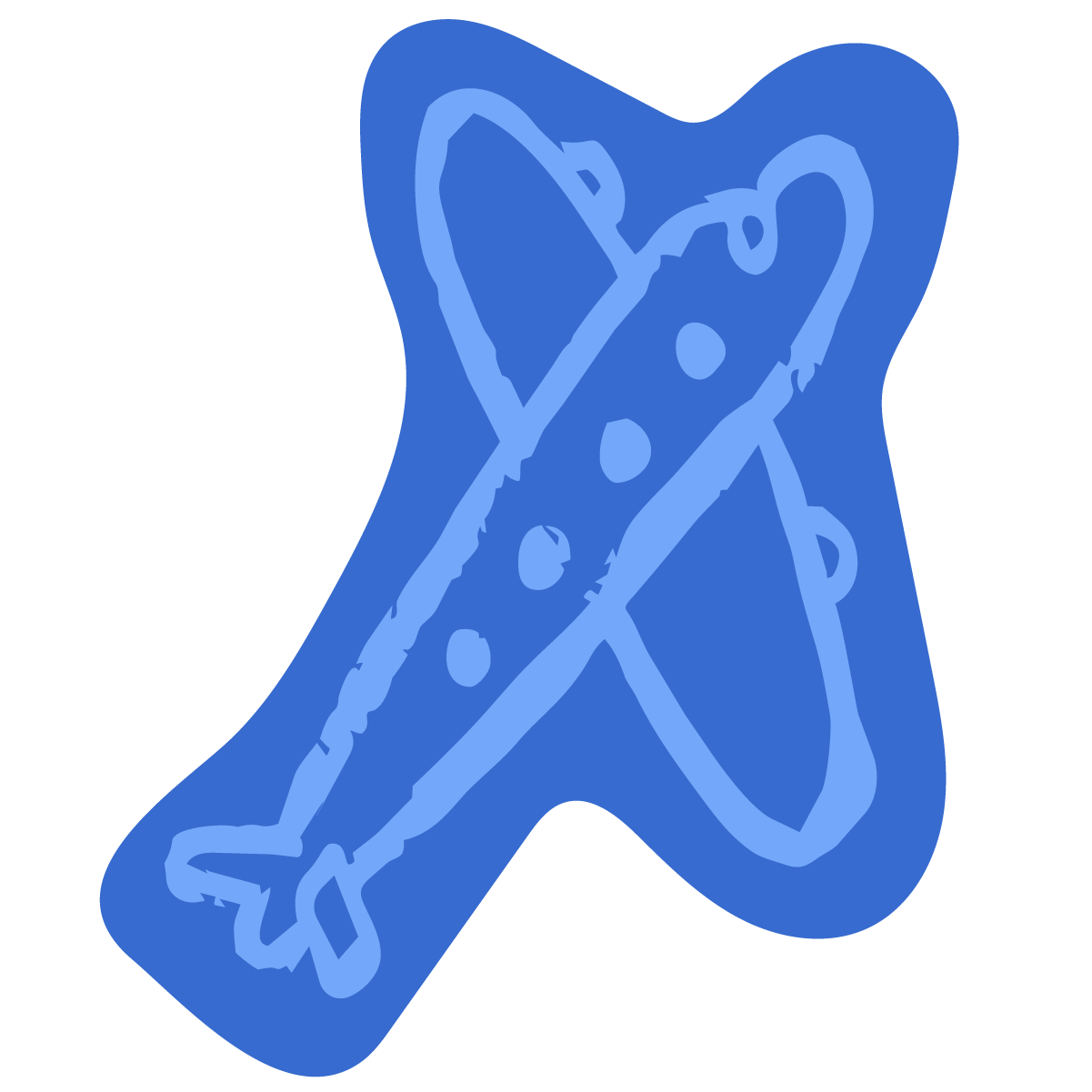 Blue outline of a decorated, birthday cake-shaped cookie with icing and sprinkles.