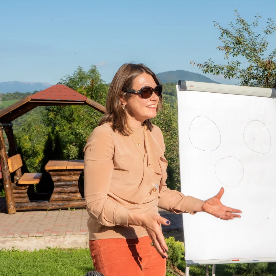 Tatiana Poliakova presenting a leadership framework at a retreat. Audacious Leaders Retreat by Adaptaa