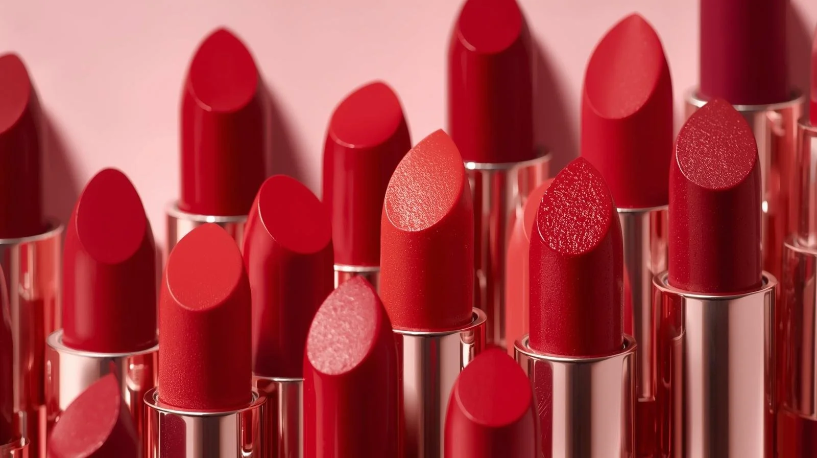 Multiple red lipsticks arranged upright against a pink background.