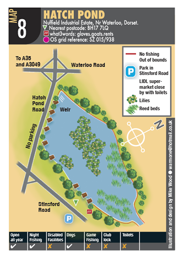 Map of Hatch Pond, Nutfield Industrial Estate, noting no fishing or out of bounds areas, with parking at Stinford Road, Lidl supermarket nearby, and features like lilies and reed beds.
